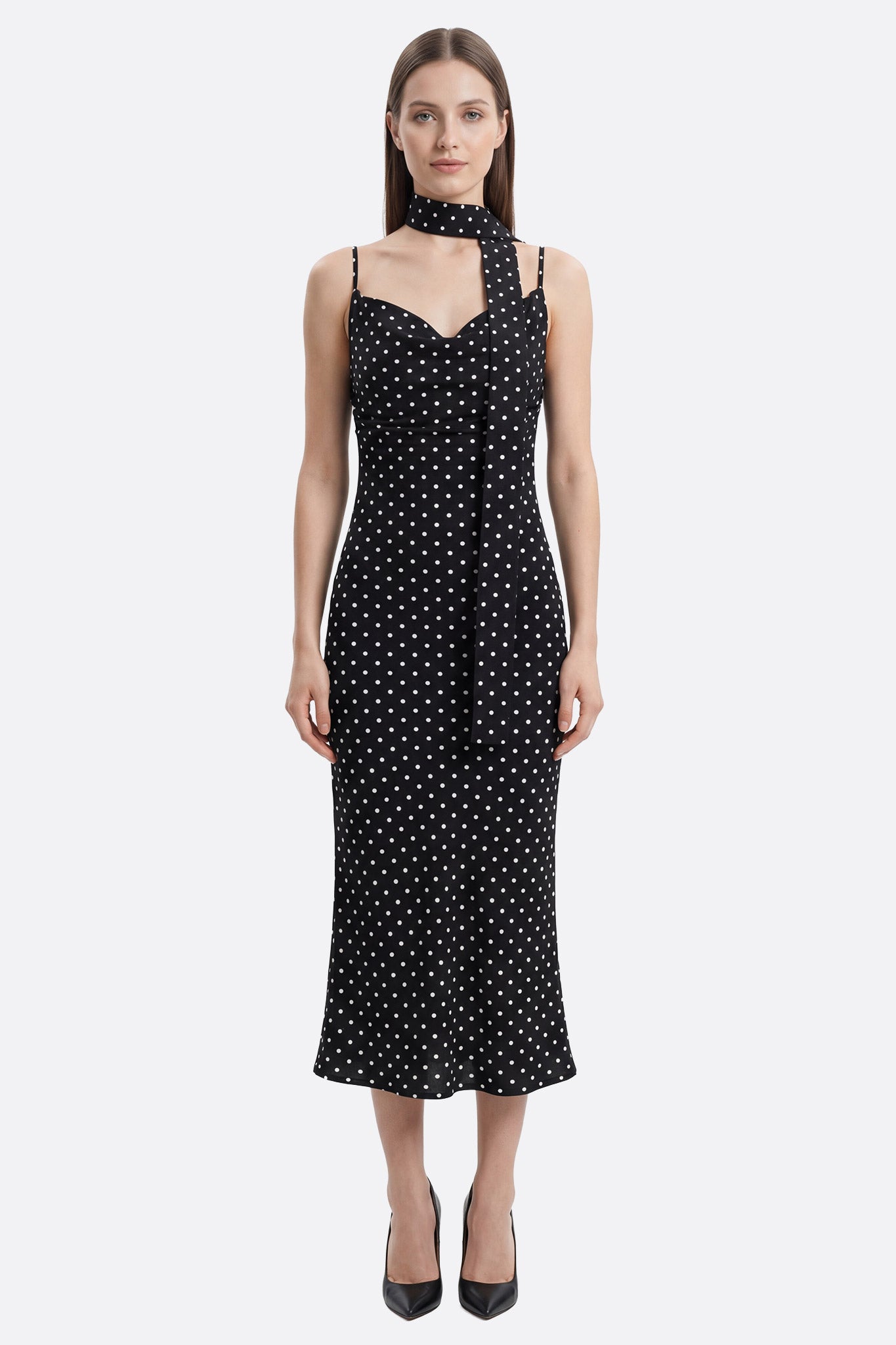 Robe midi noire à pois et bande amovible