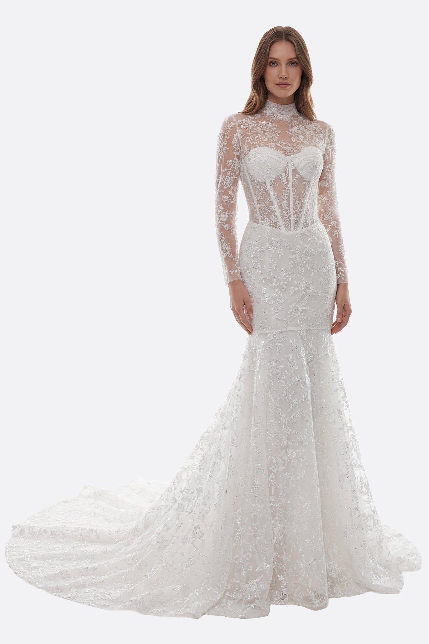 
Robe de mariée sirène en dentelle délicate à manches longues, traîne brodée pour un look élégant et romantique.



