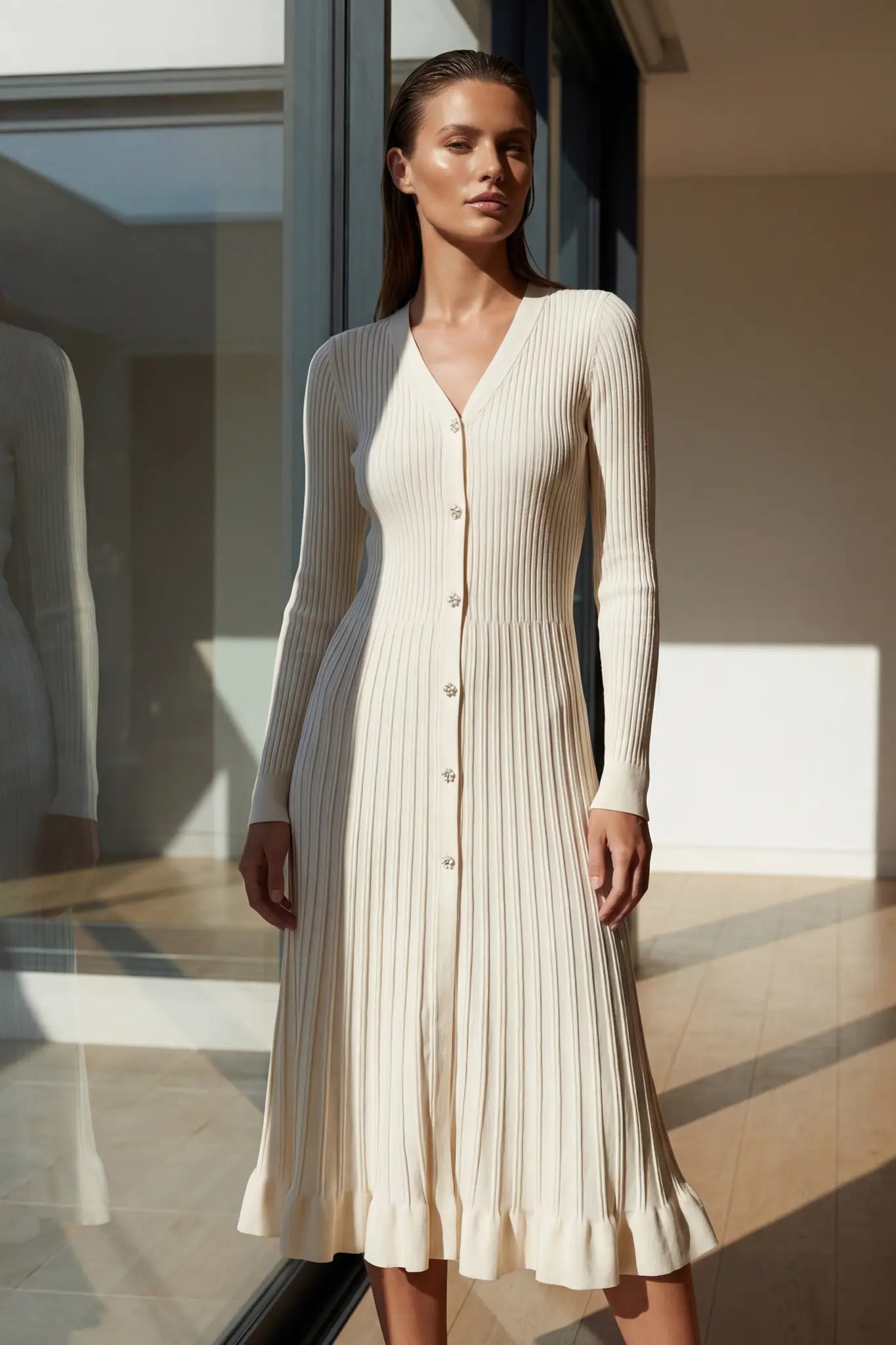 Elegantes midi Kleid in ivory mit gerippter Struktur und V-Ausschnitt, ideal für festliche Anlässe oder elegante...