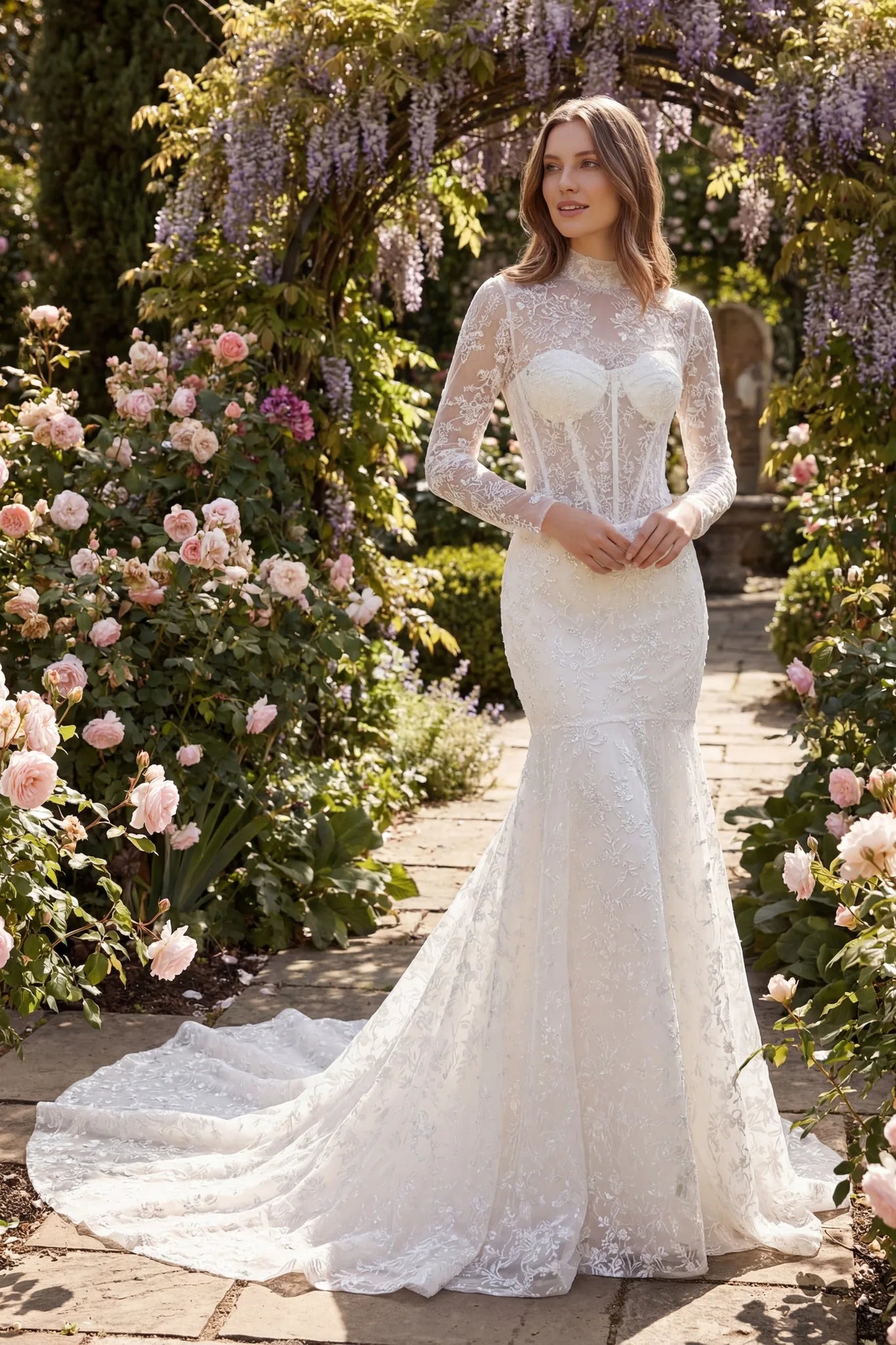 
Détail de la robe de mariée sirène en dentelle, manches longues et traîne brodée, offrant une allure chic et romantique.



