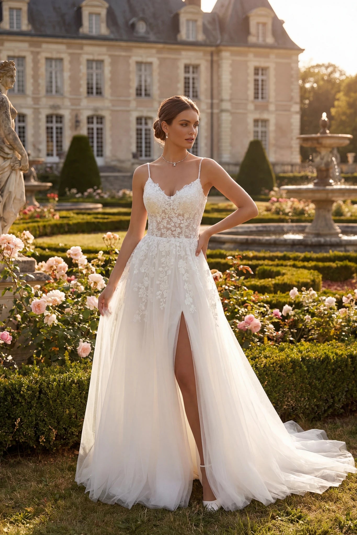 White bridal gown in ethereal embroidered tulle, featuring a tasteful front slit and delicate floral appliqué accents.