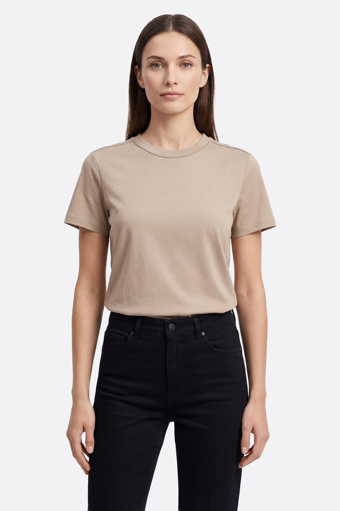 T-Shirt mit kurzen Ärmeln in Taupe mit Perlenkragen