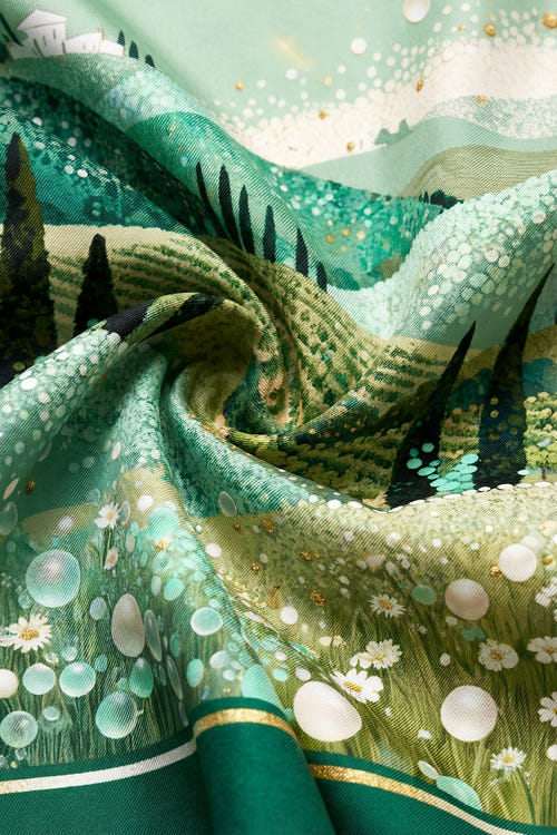 
Détail captivant du carré de soie 90 cm aux couleurs estivales inspirées des collines toscanes, idéal pour les occasions...



