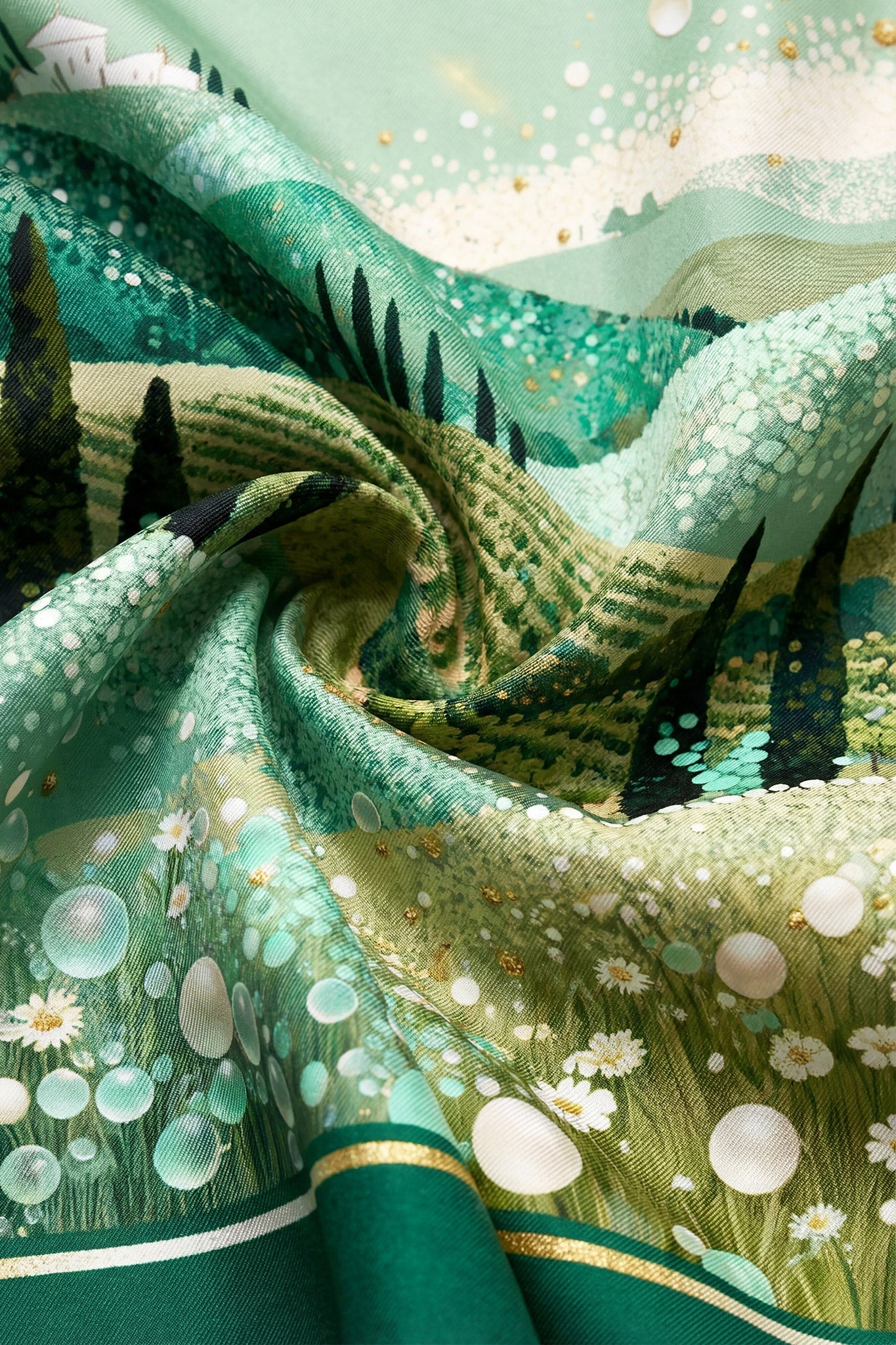 Detail of a 90 cm double-sided silk square scarf in warm hues reminiscent of Tuscan hills, chic and refined accessory for...