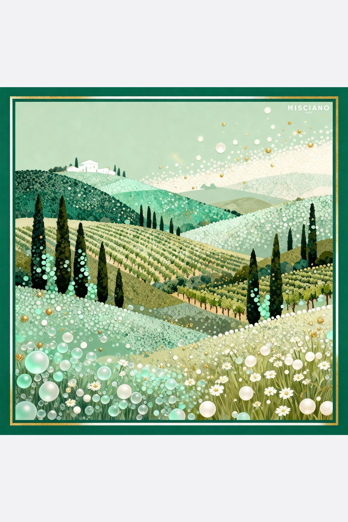 Pañuelo de seda 90x90 cm reversible con estampados inspirados en paisajes toscanos, perfecto para un toque sofisticado.