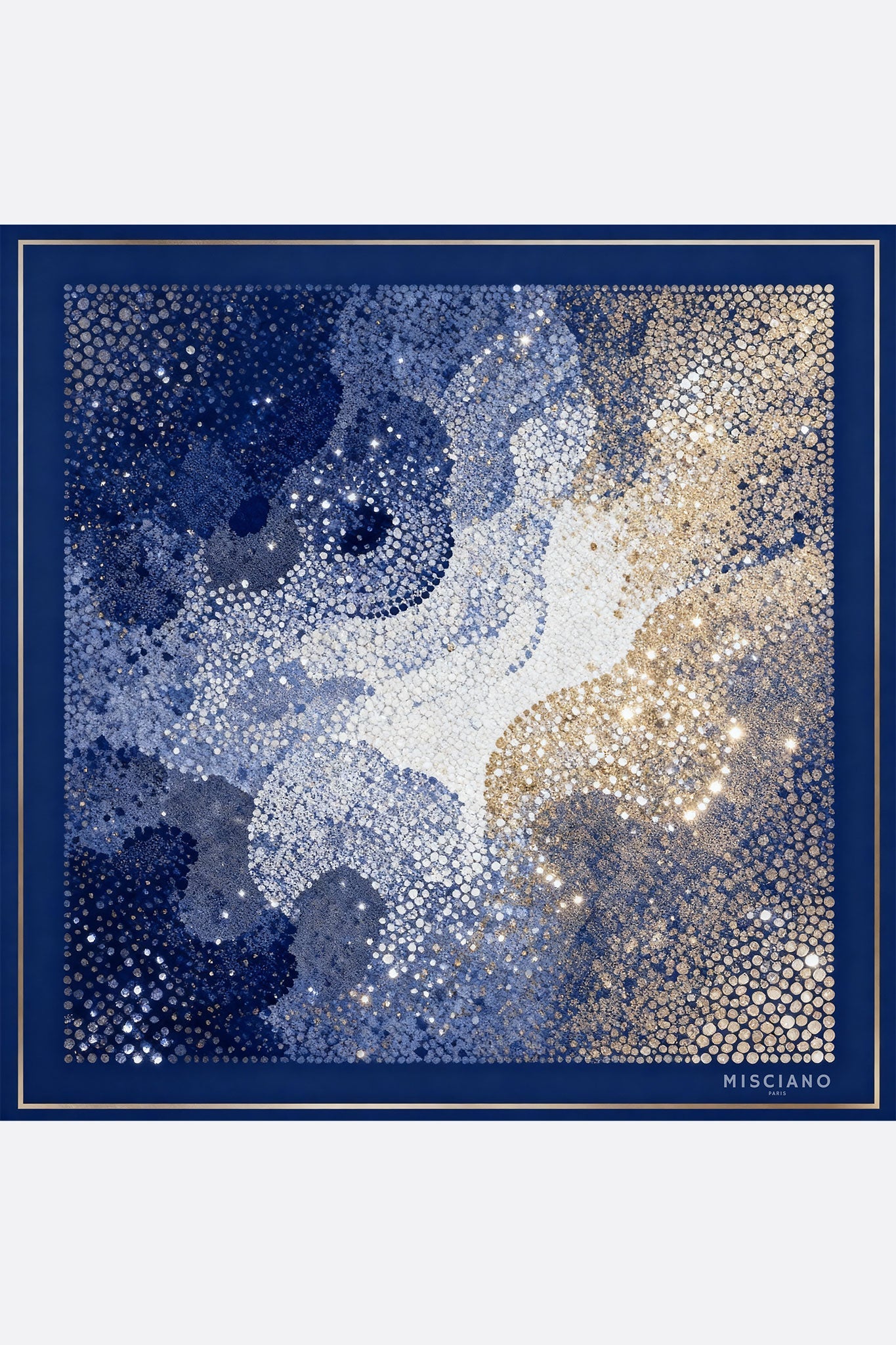 
Carré de soie Mosaïque Nocturne 90, riche jeu de bleu nuit et éclats dorés, pièce élégante pour soirées glamour.



