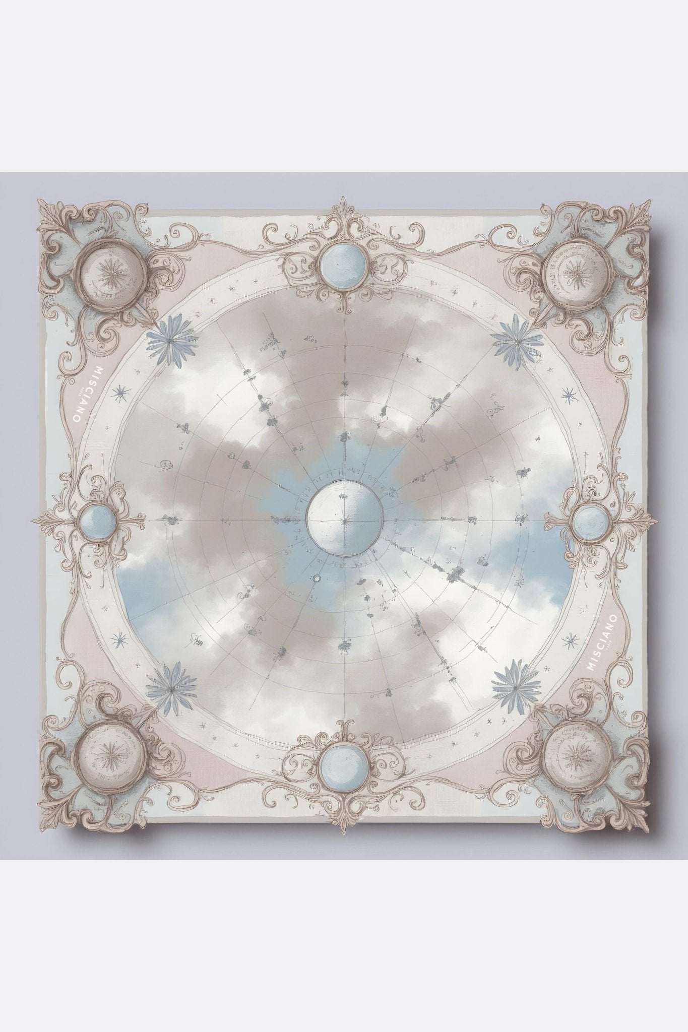 
Carré de soie 90 cm aux couleurs célestes et rosées, motif graphique, parfait pour une allure chic et intemporelle.



