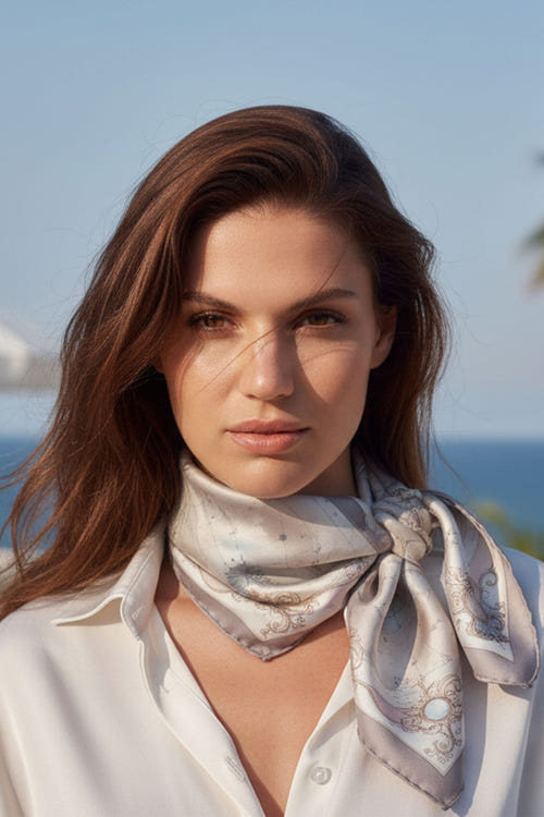 
Détail d'un carré de soie 90 cm, inspiré des cieux, aux teintes rosées, idéal pour sublimer une tenue de jour ou de soirée.



