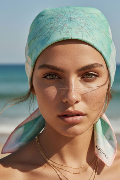 
Zoom sur le carré de soie 90x90 cm, motif cartographique Misciano en double face, accessoire élégant pour sublimer vos...



