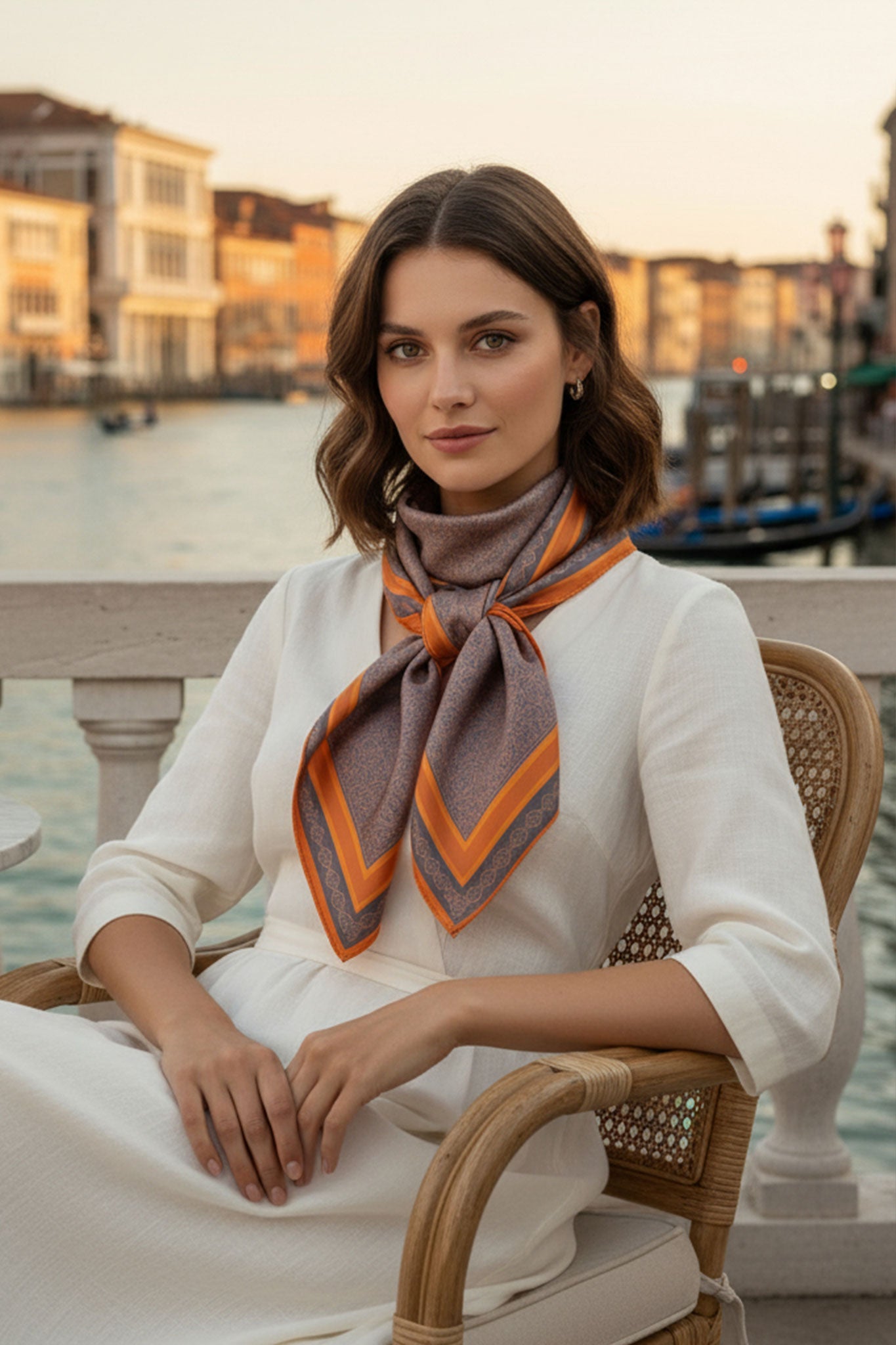 Dettaglio artistico del carré in seta 90 cm con stampa doppia faccia Ombre d'Oriente, un accessorio versatile per look...