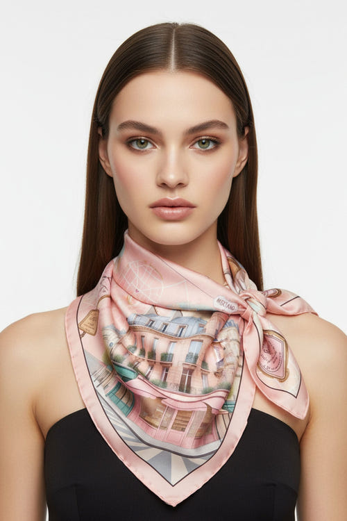 
Zoom sur le carré de soie rose à motifs floraux, idéal pour ajouter une touche chic à une tenue raffinée lors d'une sortie.



