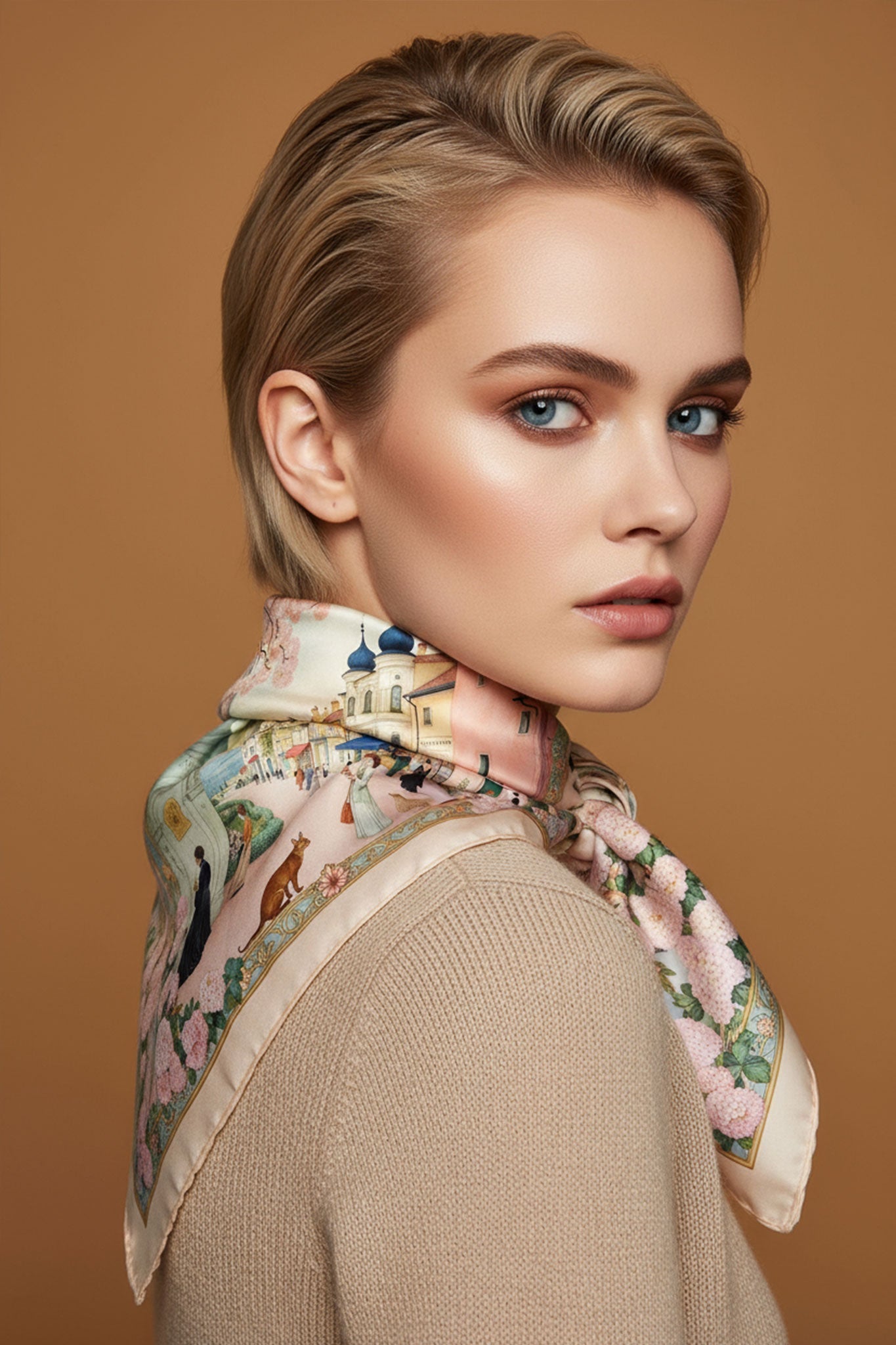 Двусторонний шелковый платок 90x90 см с изящным поэтичным рисунком, прекрасно подходит для завершения элегантного образа.