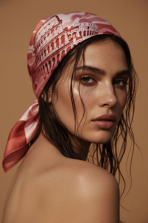 
Zoom sur le carré de soie Roma Rosa, motifs lumineux et délicats, accessoire idéal pour un look élégant et intemporel.



