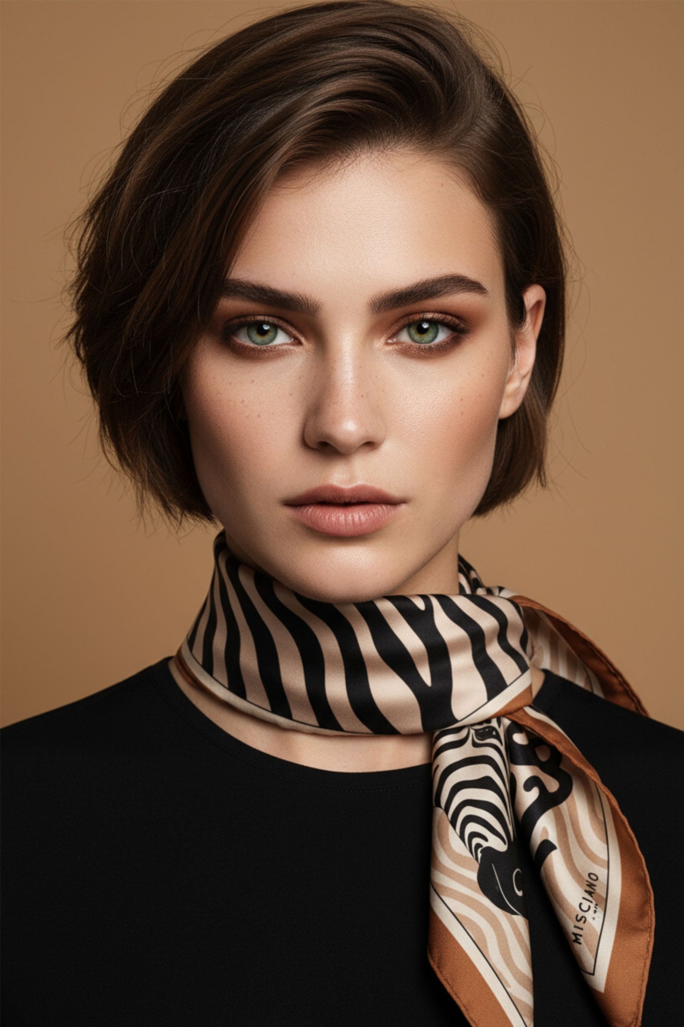 Carré di seta 90 cm con motivo zebre, accessorio chic e versatile per completare outfit eleganti e casual con un tocco...