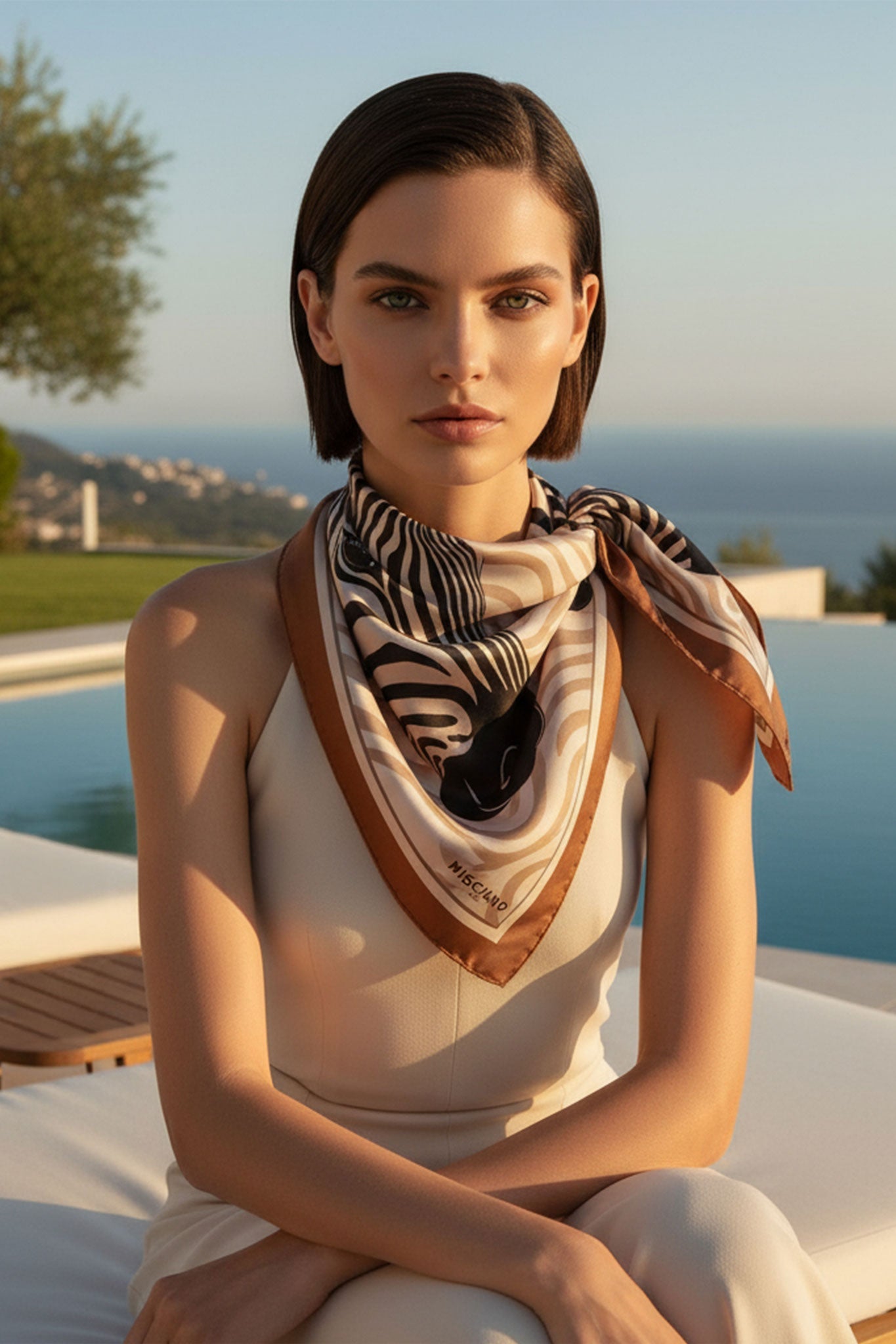 Refined double-sided silk carré featuring a striking zebra design, an exquisite accessory for enhancing elegant ensembles.