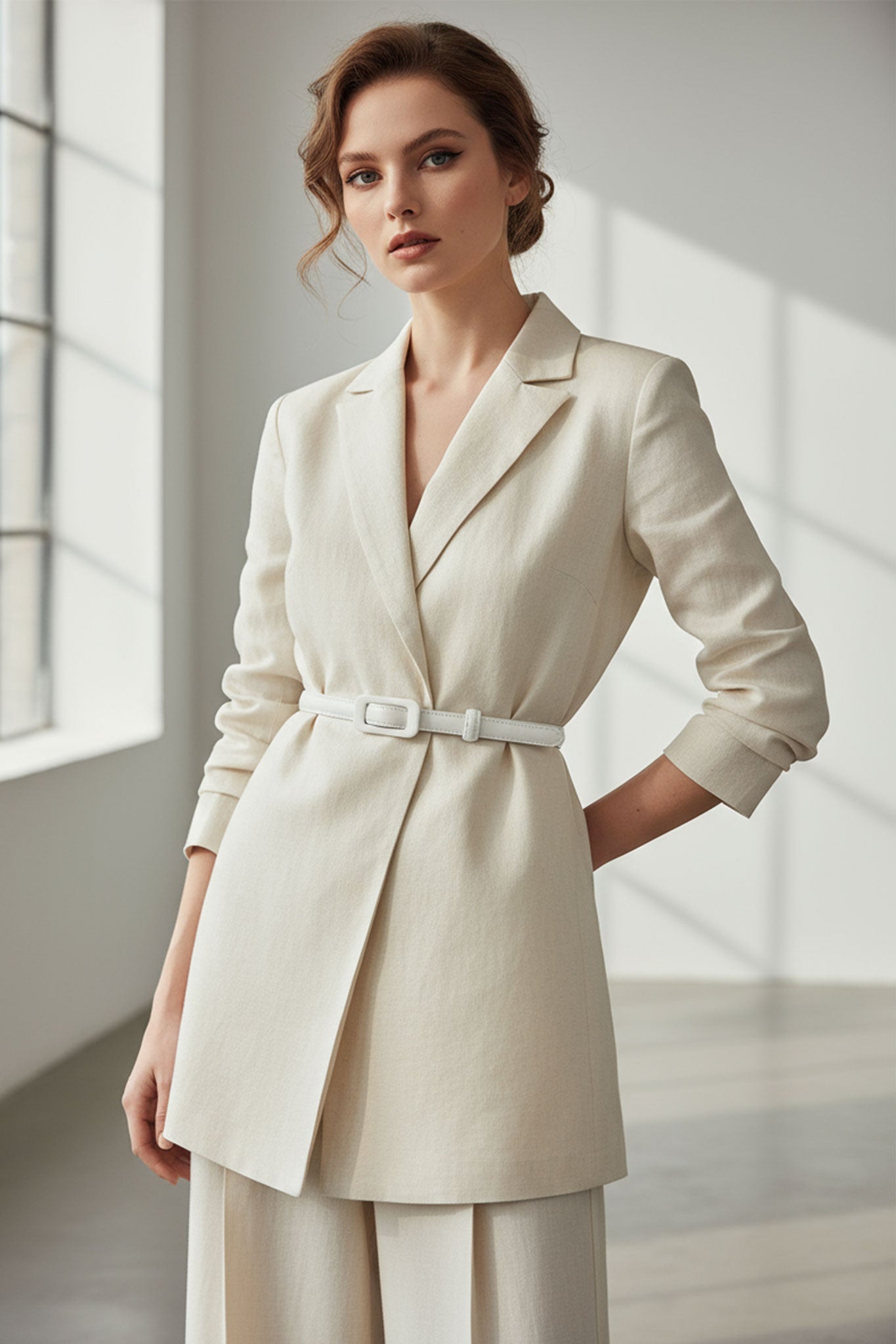 
Détail sur la texture raffinée de la ceinture blanche fine, en matière recyclée, parfaite pour compléter une tenue élégante.



