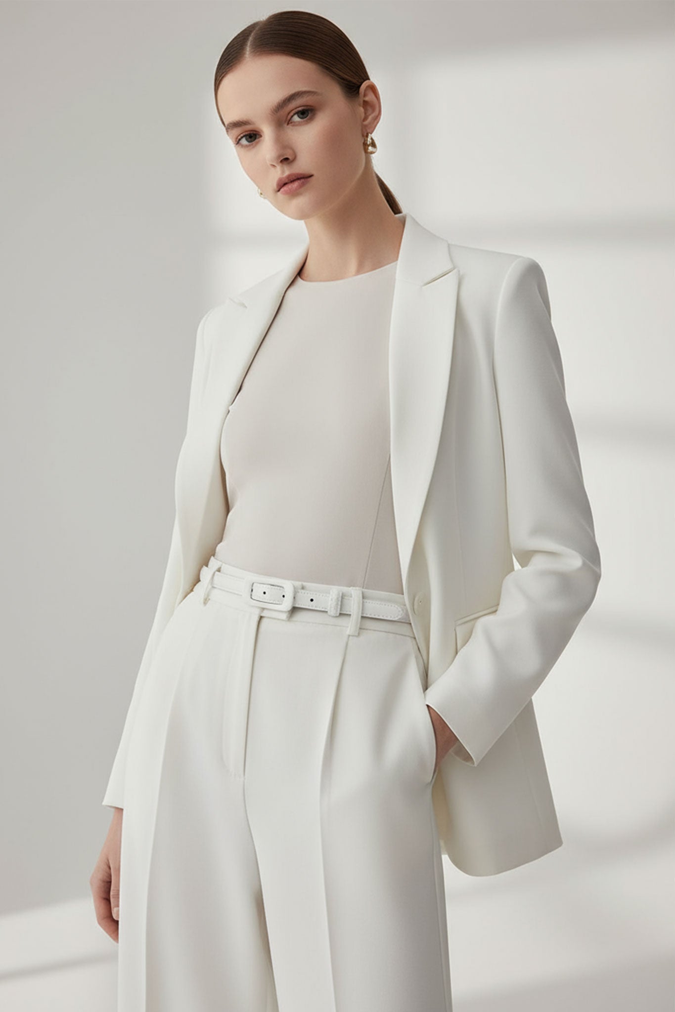 Detailed side view of a chic white thin belt featuring a rectangular buckle, crafted from sustainable material for a...