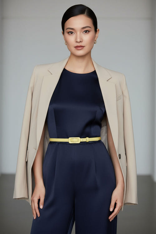 
Zoom sur la ceinture fine en jaune éclatant avec boucle rectangulaire, ajout chic pour une tenue raffinée du quotidien.



