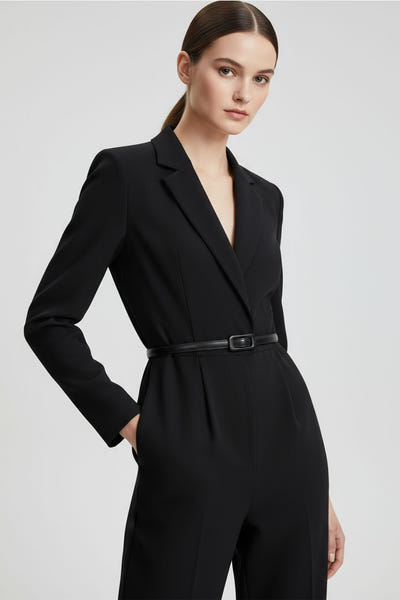 
Zoom sur la boucle rectangulaire de la ceinture noire fine, réalisée en matériau recyclé pour une allure élégante au...



