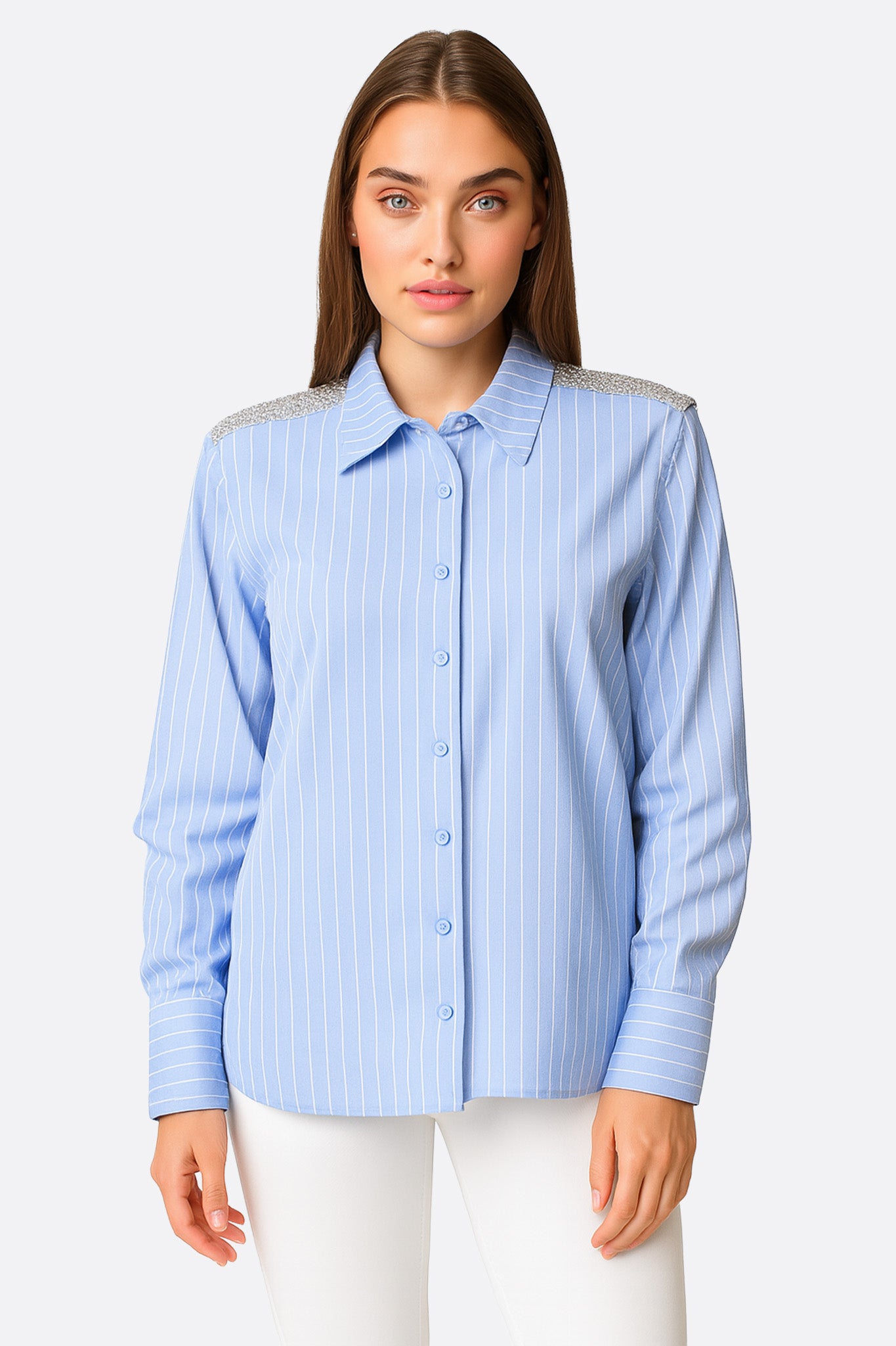 Chemise à rayures bleu ciel à épaules pailletées - MISCIANO