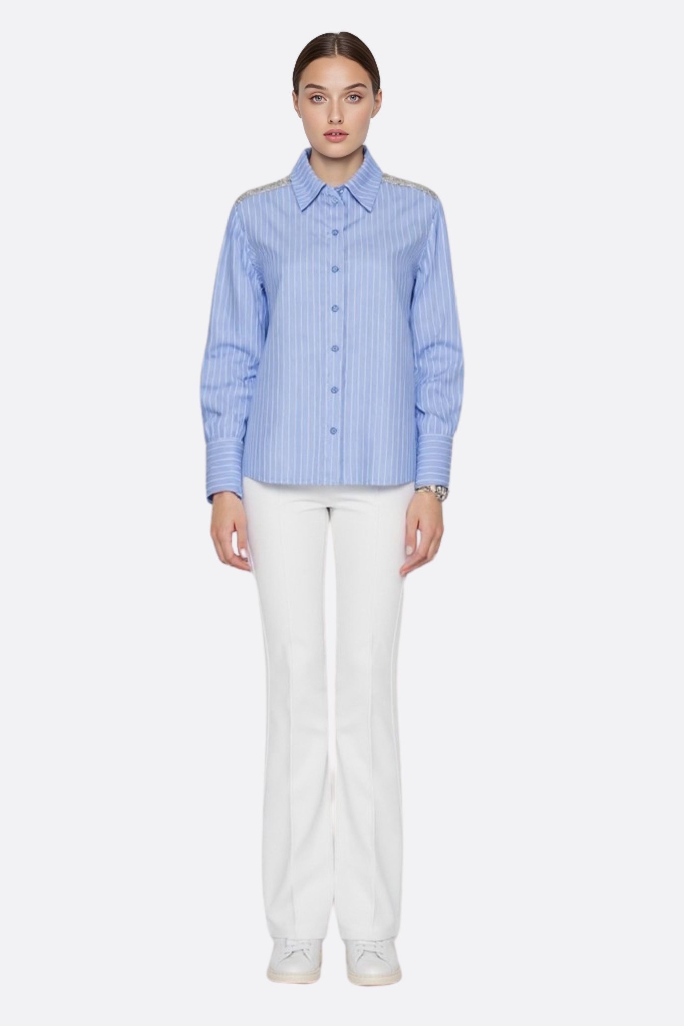 Chemise à rayures bleu ciel à épaules pailletées - MISCIANO