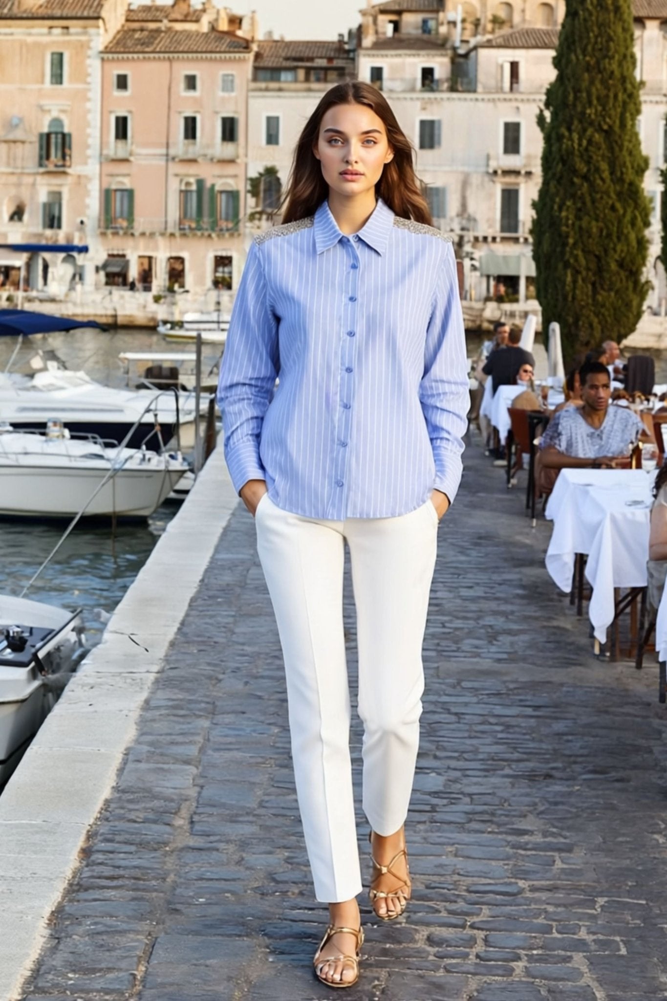 Chemise à rayures bleu ciel à épaules pailletées - MISCIANO