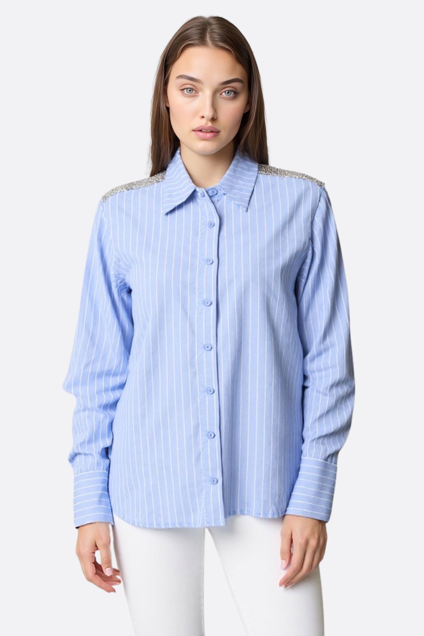 Chemise à rayures bleu ciel à épaules pailletées - MISCIANO