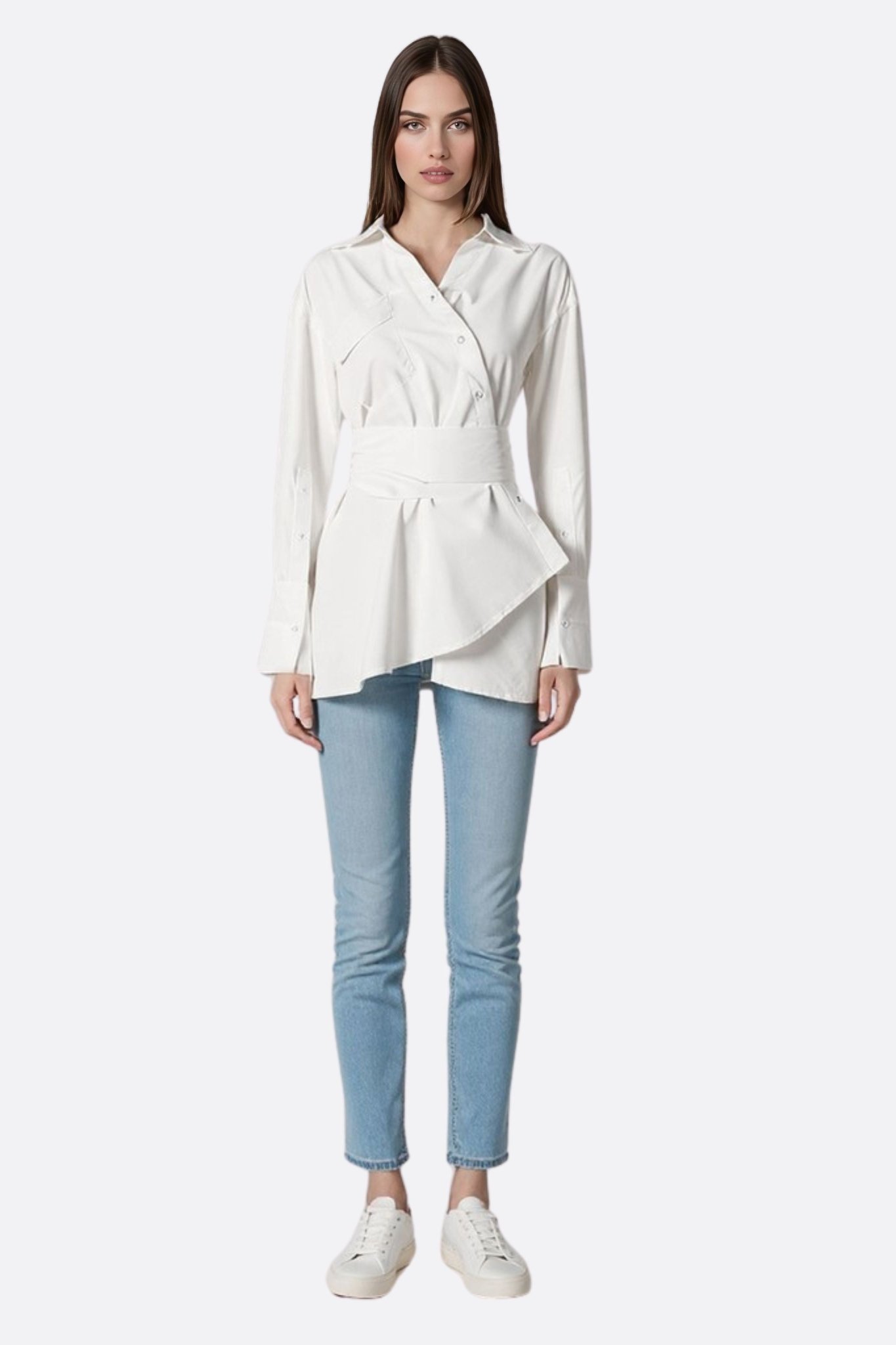 Chemise blanche asymétrique à ceinture drapée - MISCIANO