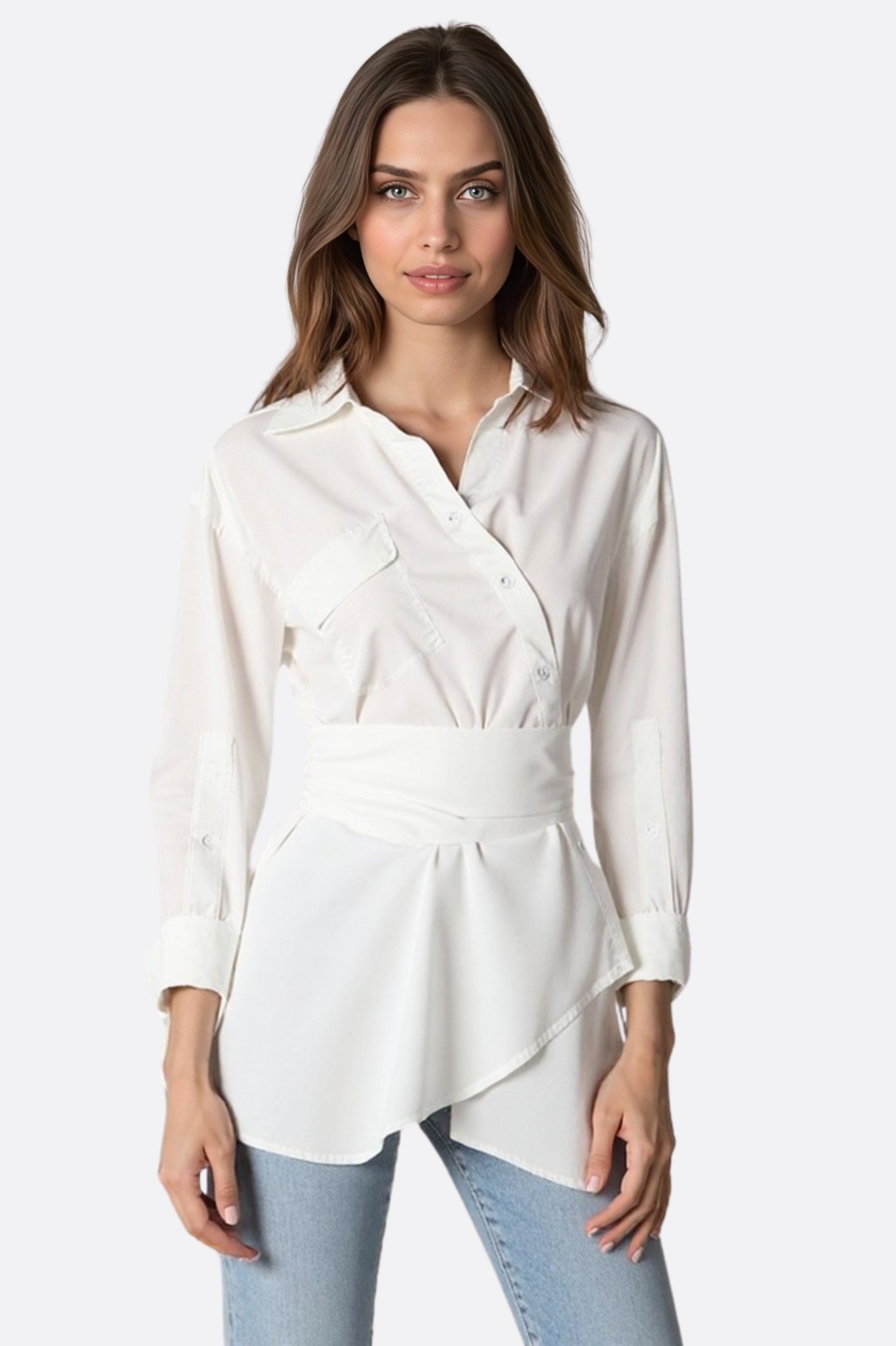Chemise blanche asymétrique à ceinture drapée - MISCIANO
