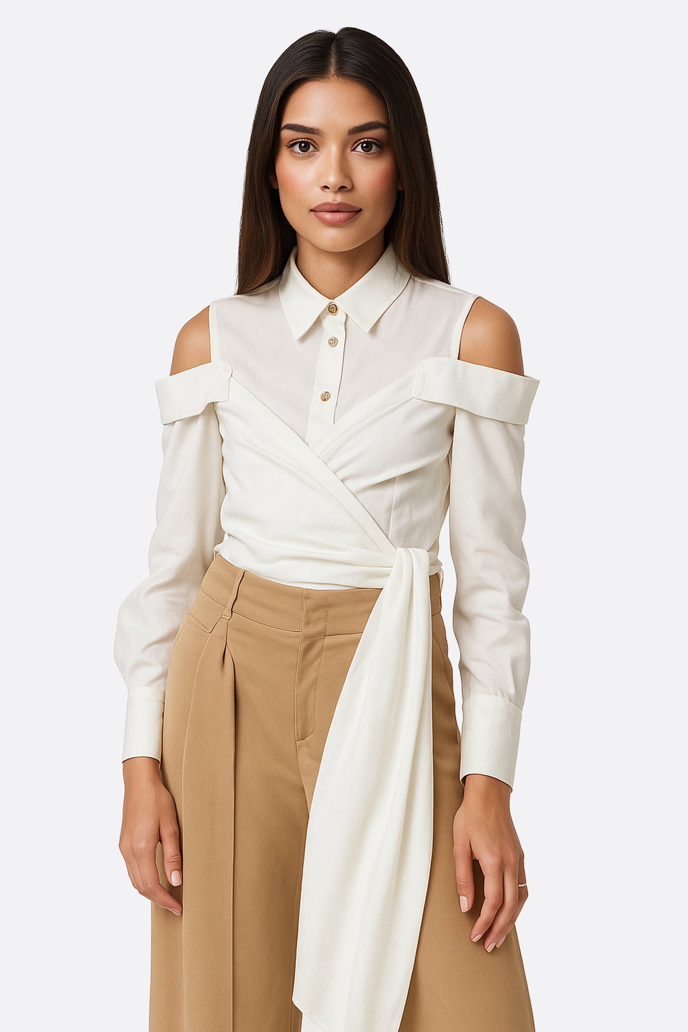 Chemise blanche asymétrique à épaules dénudées et nœud drapé - MISCIANO