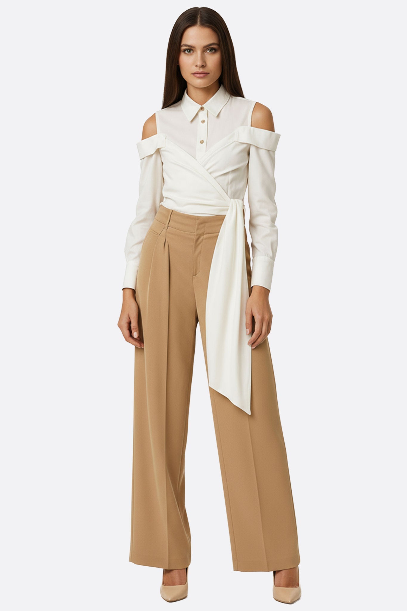 
Détail d'une chemise blanche asymétrique avec nœud drapé, élégante et moderne, idéale pour un look sophistiqué.



