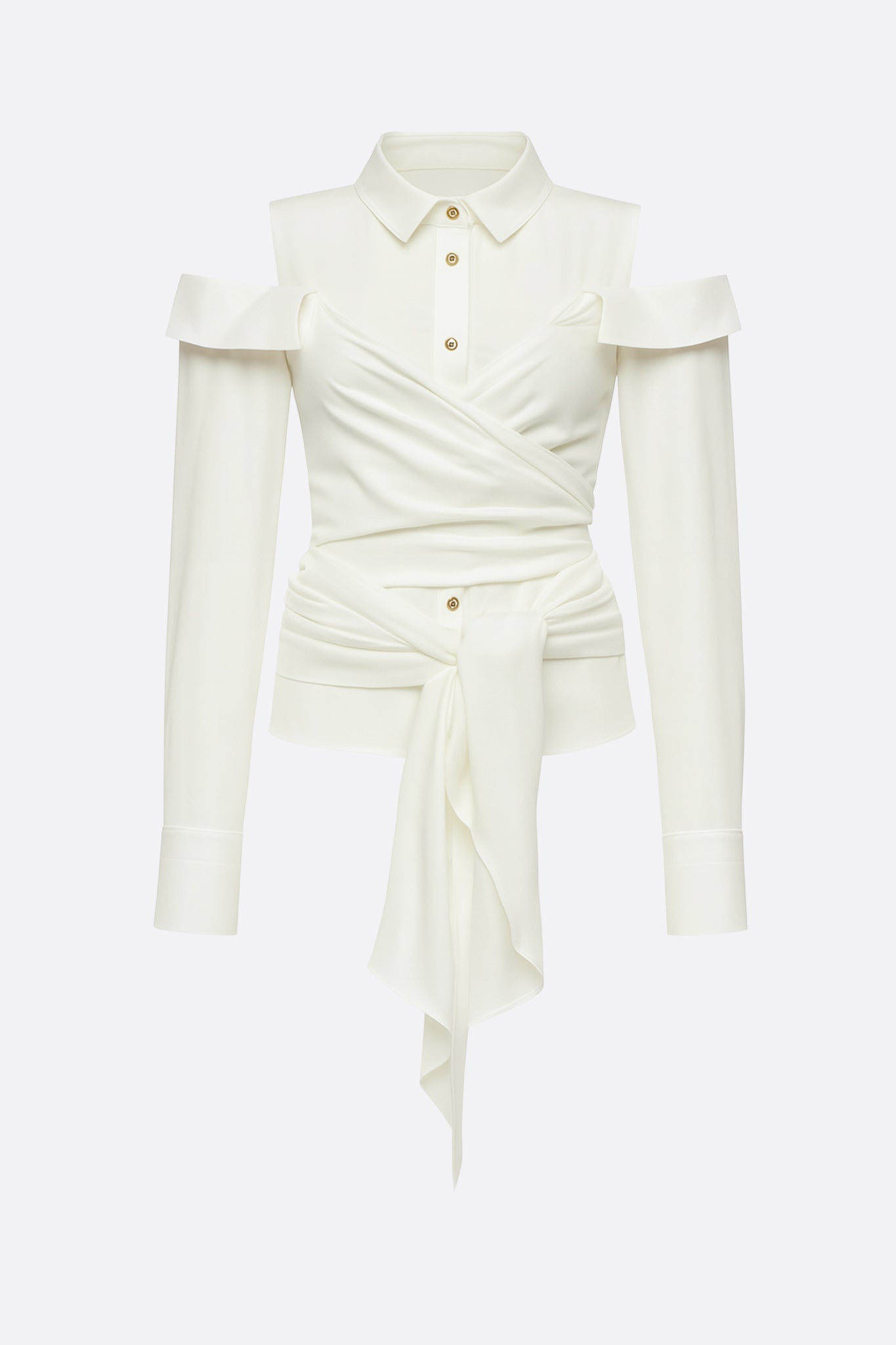 
Détail artistiquement drapé d'une chemise blanche à épaules dénudées, alliant élégance et modernité pour un style unique.



