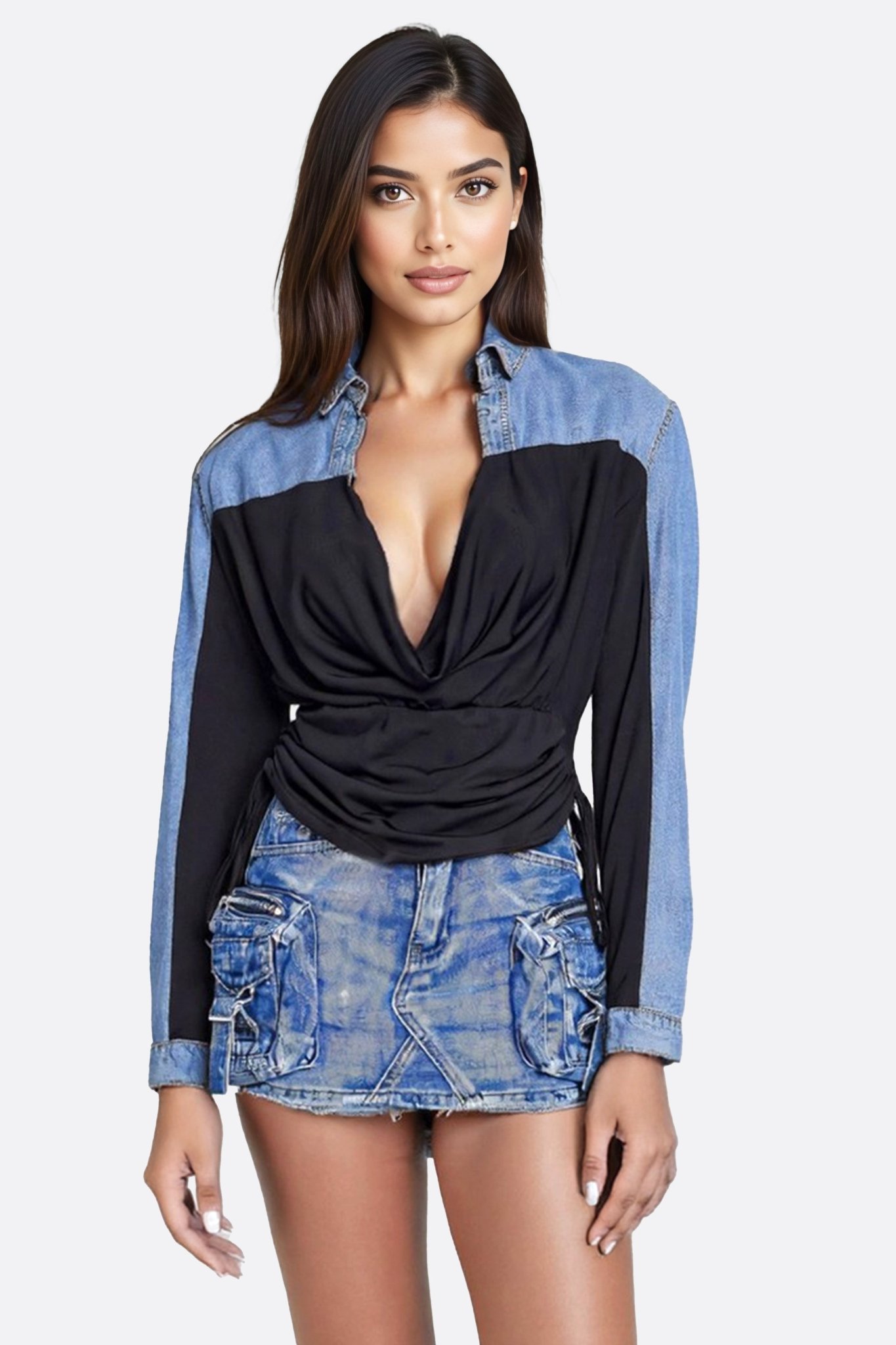 Chemise denim bleu bi - matières à cordons - MISCIANO