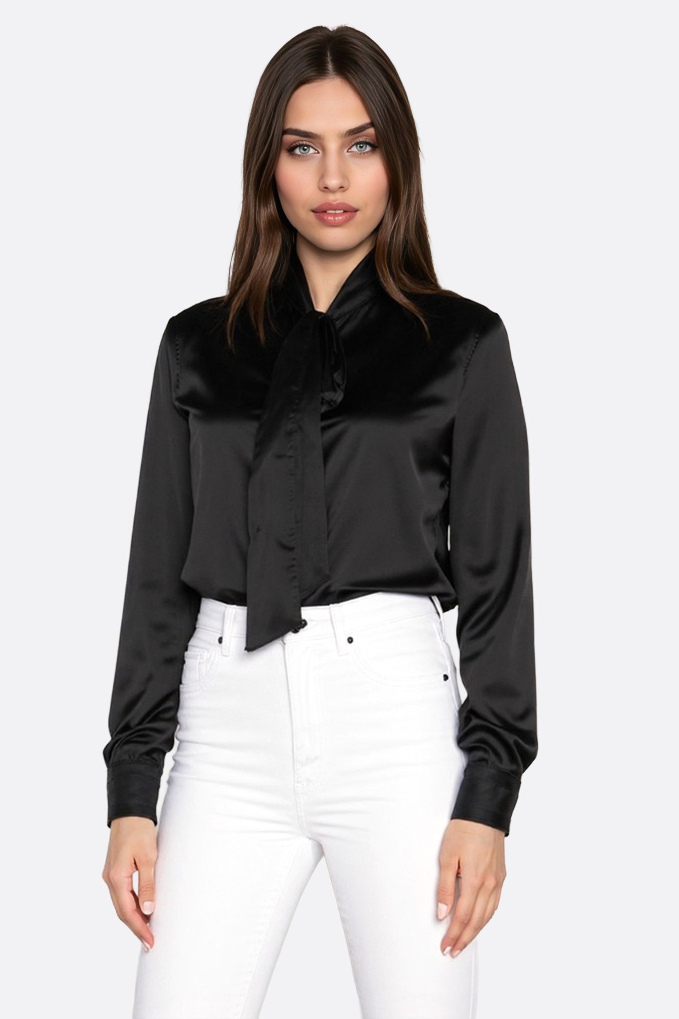 Chemise en satin noir à lavallière - MISCIANO