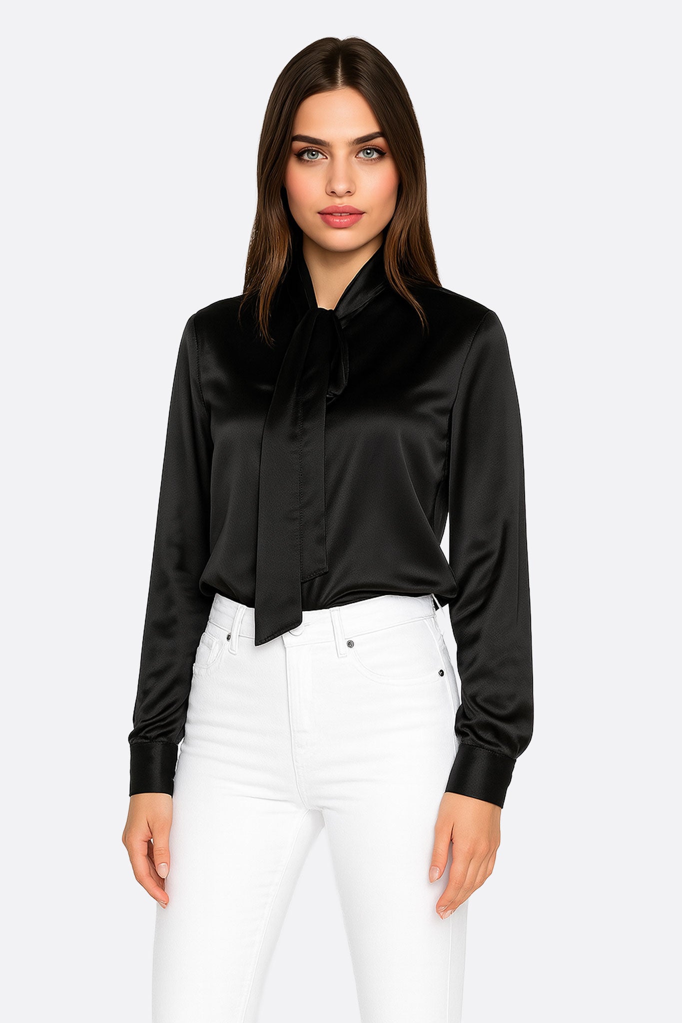 Chemise en satin noir à lavallière - MISCIANO