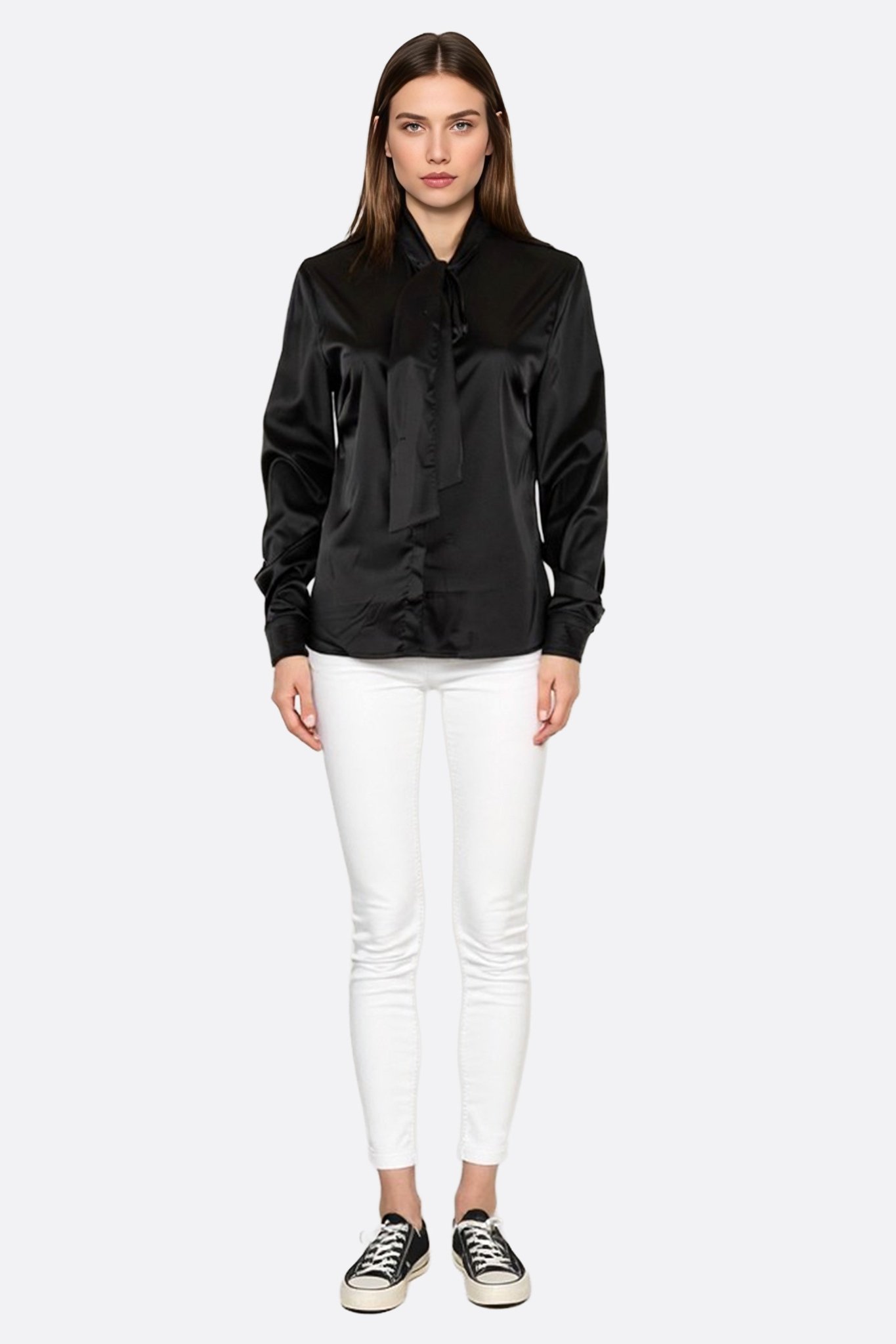 Chemise en satin noir à lavallière - MISCIANO