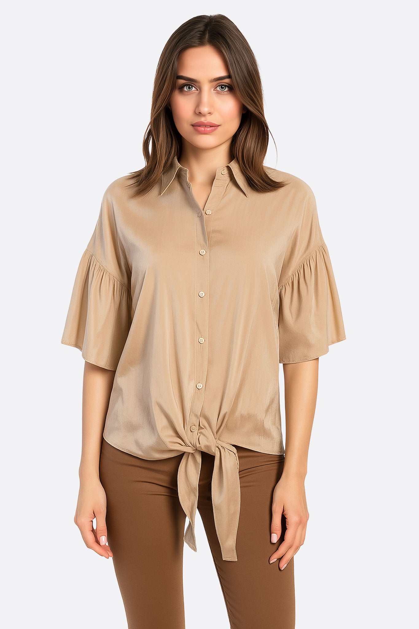 Chemise satinée beige à nouer - MISCIANO