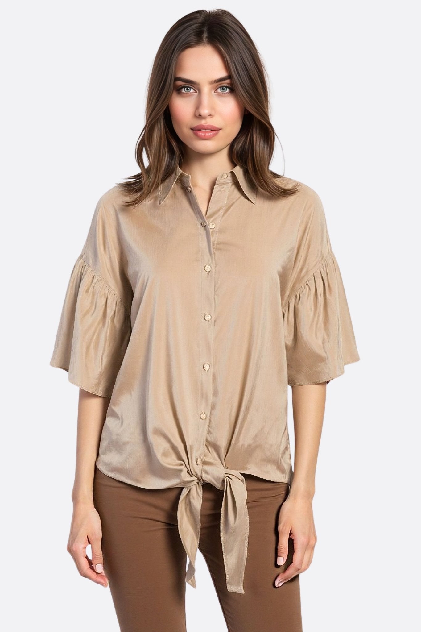 Chemise satinée beige à nouer - MISCIANO