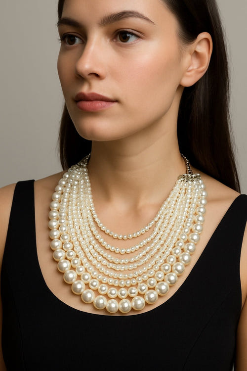 
Détail d'un collier à perles blanches, élégant multi-rangs, parfait pour rehausser une tenue sophistiquée au quotidien.



