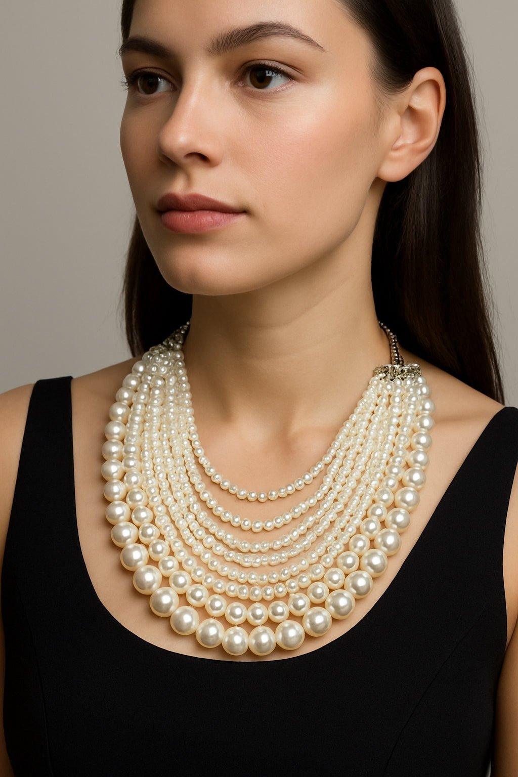 Détail d'un collier à perles blanches, élégant multi-rangs, parfait pour rehausser une tenue sophistiquée au quotidien.