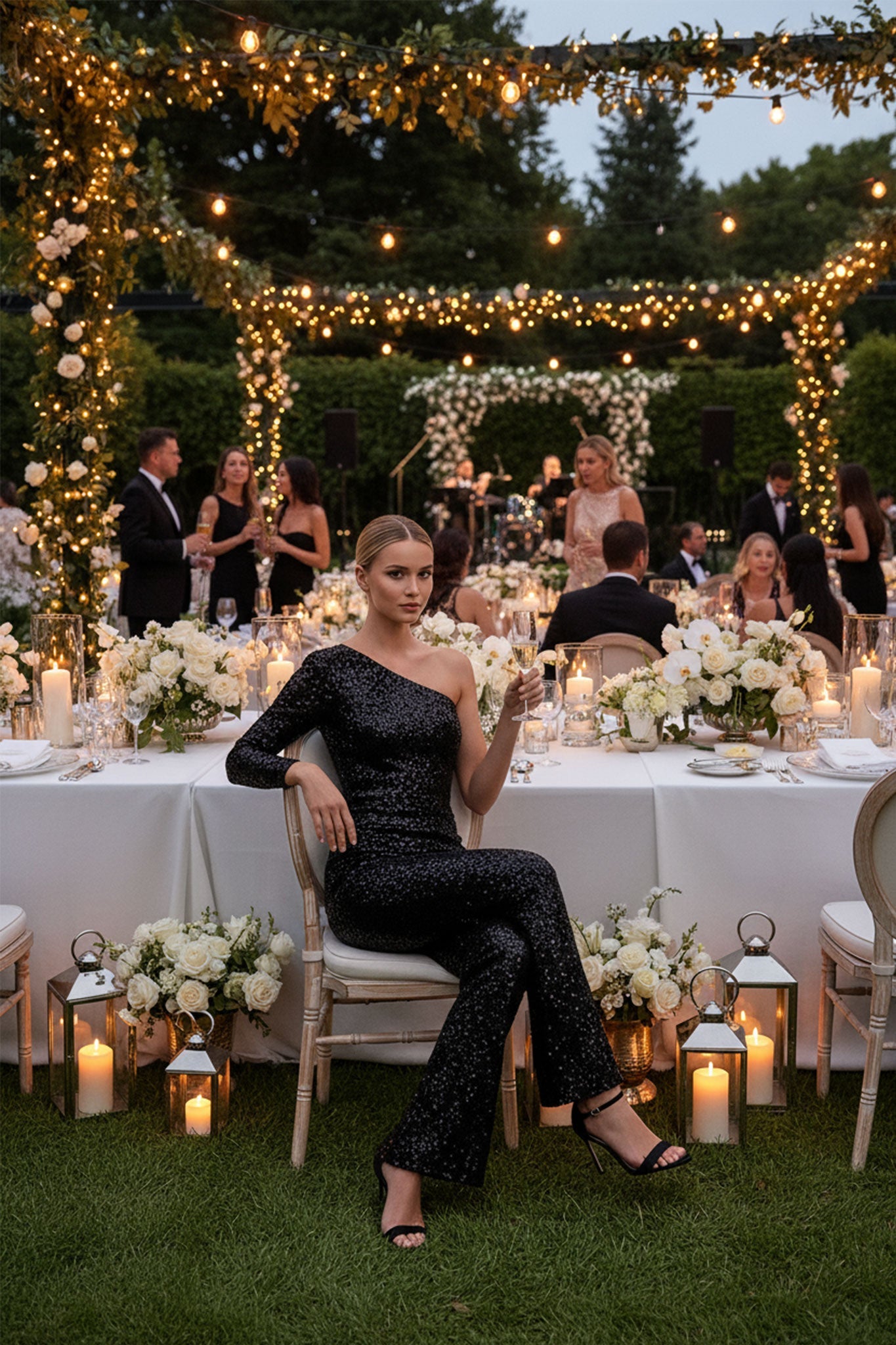 Dettaglio delle paillettes luccicanti sulla combinazione asimmetrica nera, perfetta per serate eleganti e occasioni speciali.