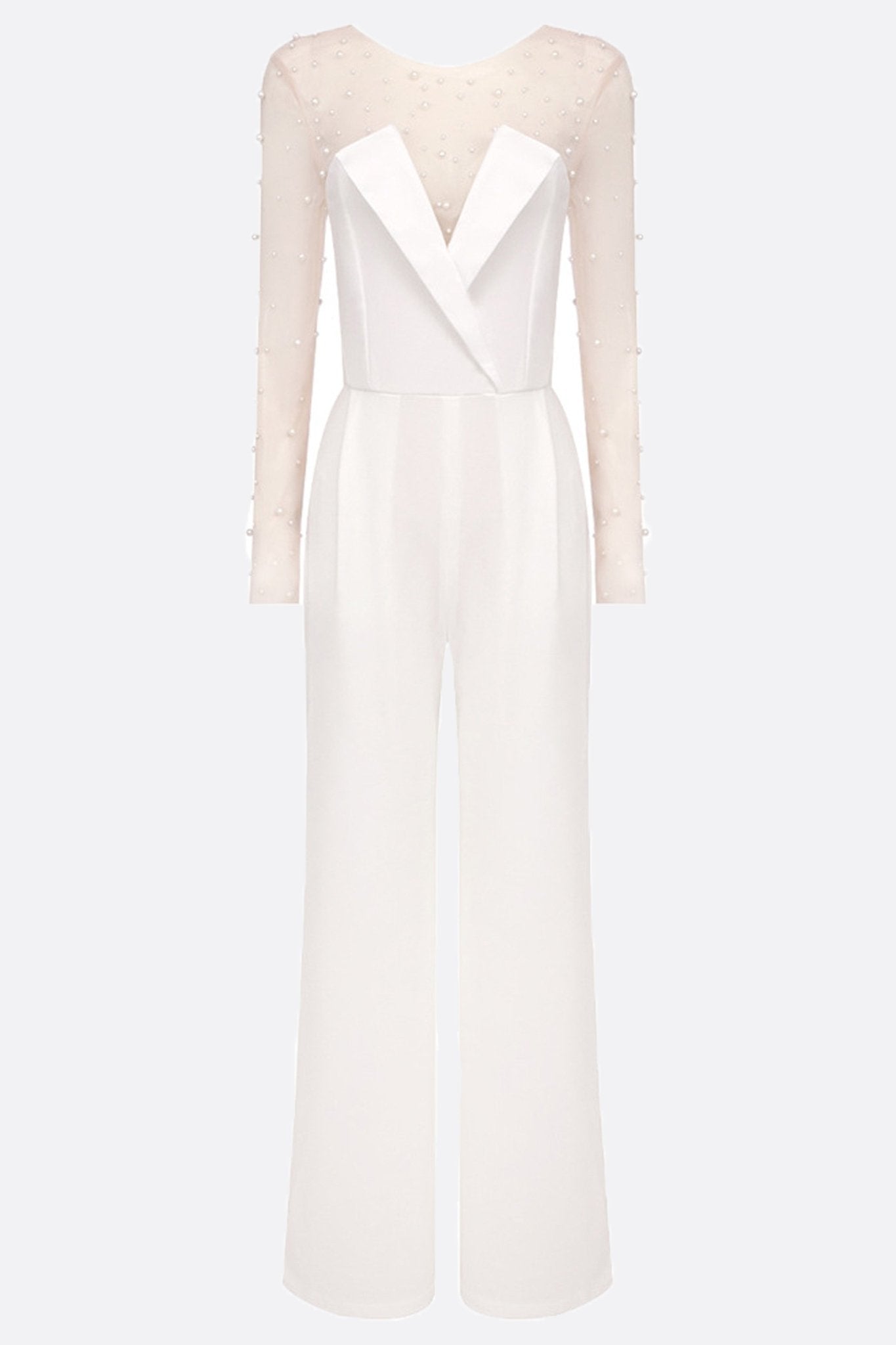 
Détail raffiné des manches amovibles perlées de la combinaison blanche bustier, parfaite pour une allure nuptiale chic et...



