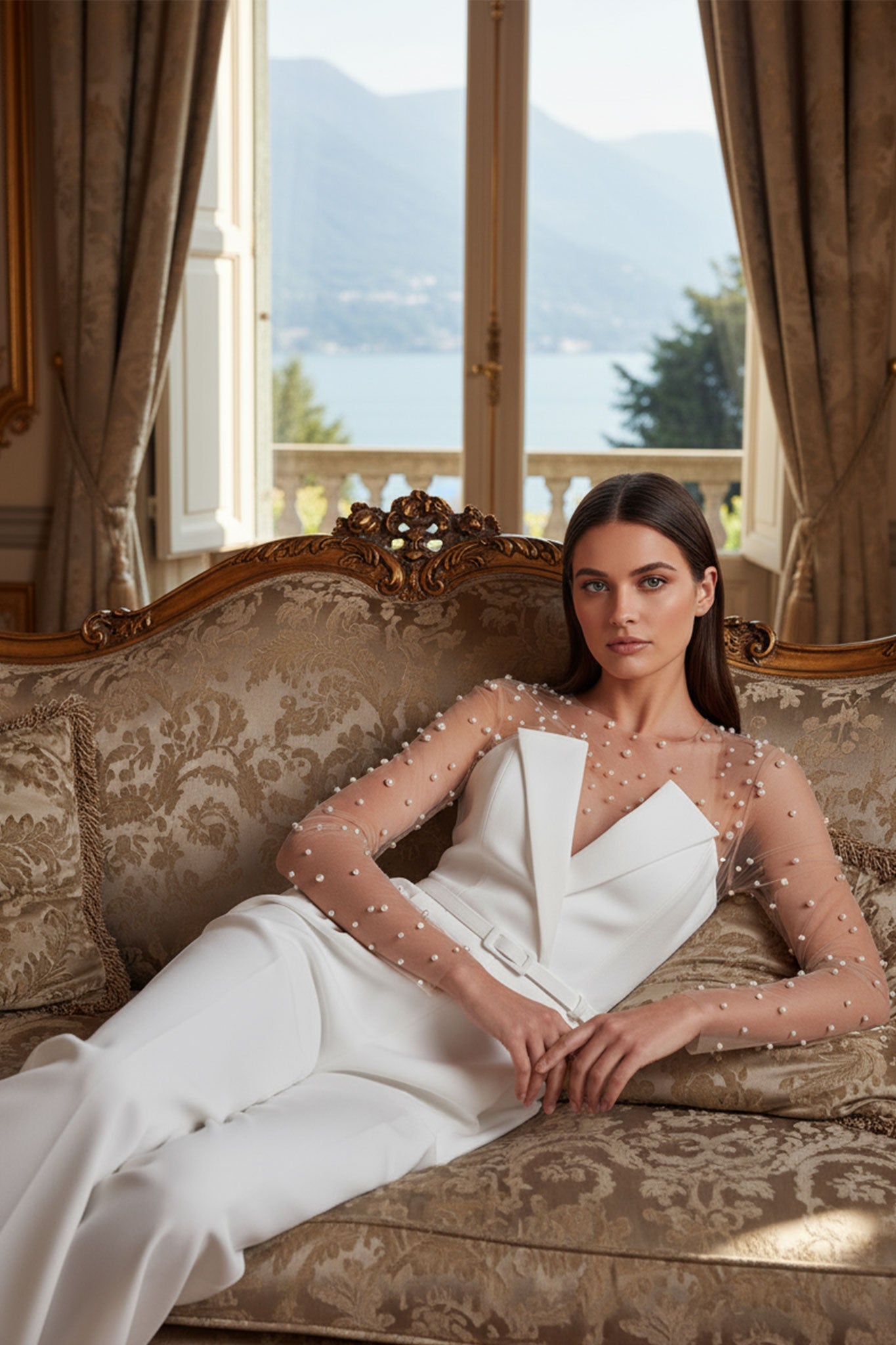Dettaglio della combinazione bianca bustier con maniche in perle removibili, un abito elegante e chic per cerimonie speciali.