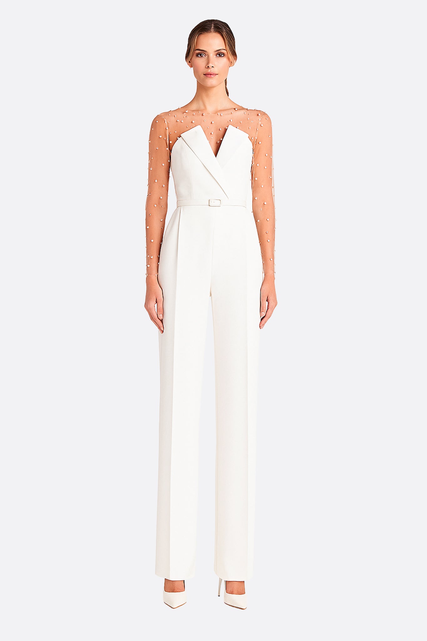 Combinaison blanche bustier à manches illusion perlées - MISCIANO