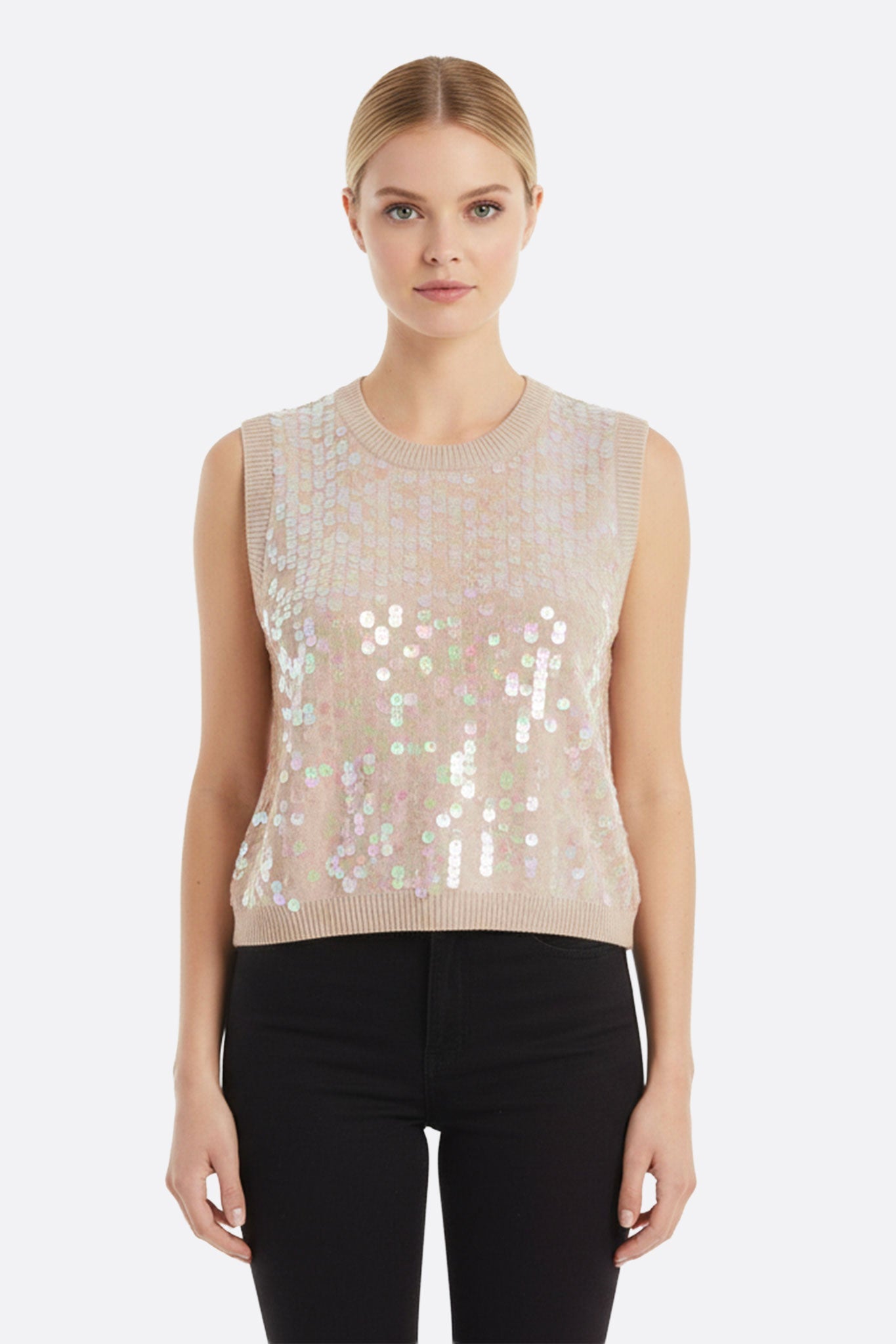 Débardeur beige irisé Misciano, sequins délicats, teinte rose poudré et coupe courte chic