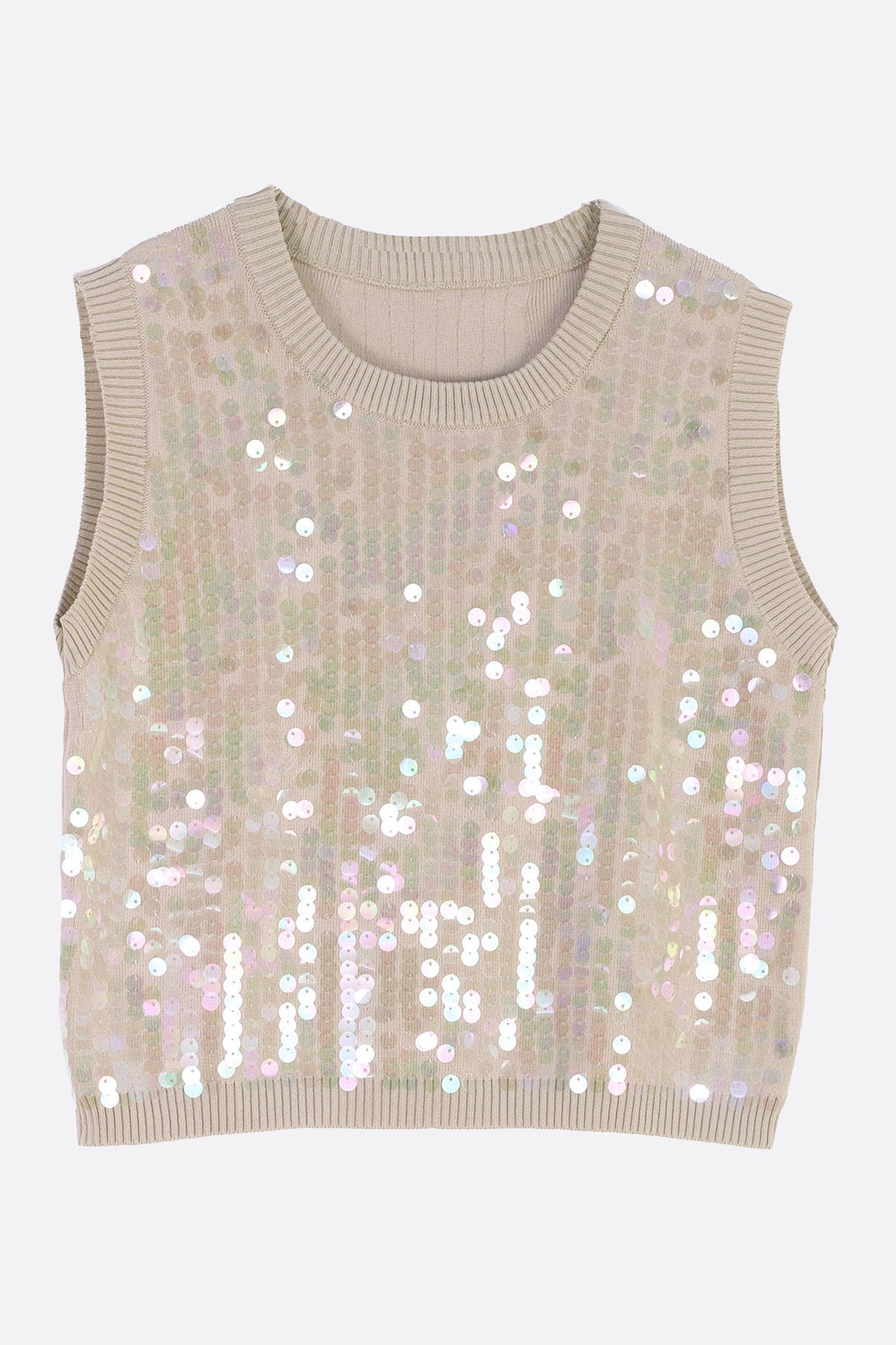 3/4-Perspektive eines schimmernden ärmellosen Tops in zartem Beige und Rosé mit glitzernden Pailletten, perfekt für...