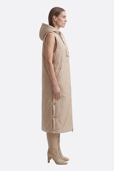 
Beige, langärmlige, ärmellose Daunenjacke mit Kapuze



