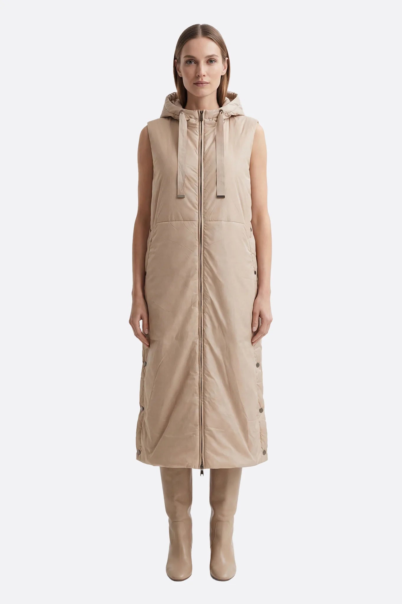 
Doudoune lunga senza maniche beige con cappuccio



