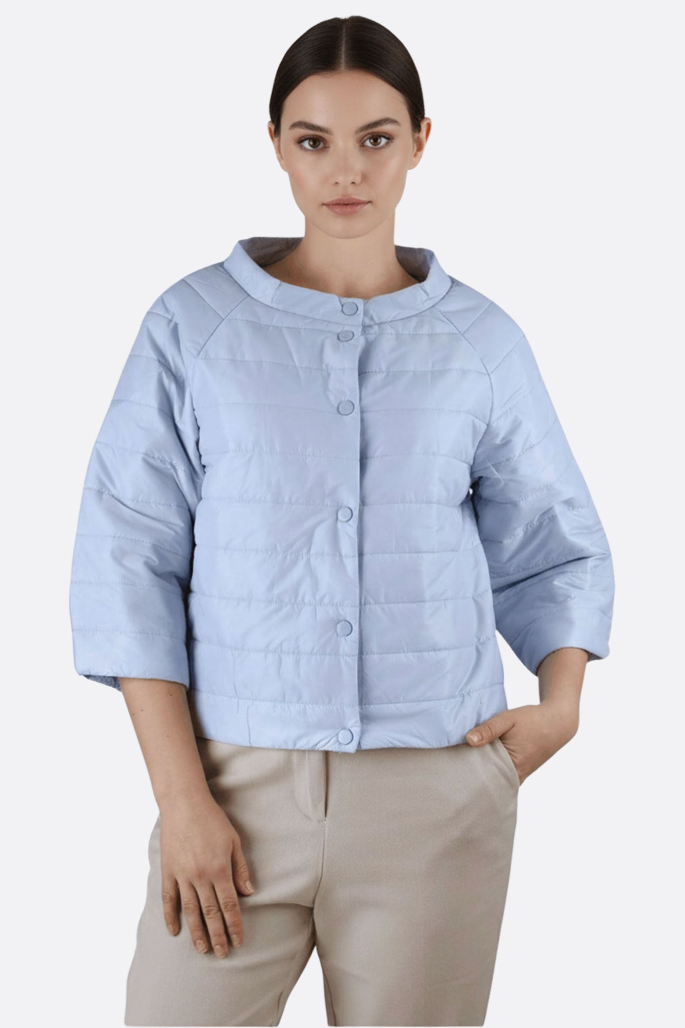 Chic light blue short down jacket with 3/4 sleeves, perfect for sophisticated outings in any season.