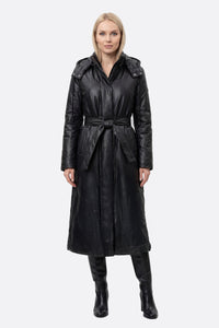 Doudoune longue noire ceinturée matelassée